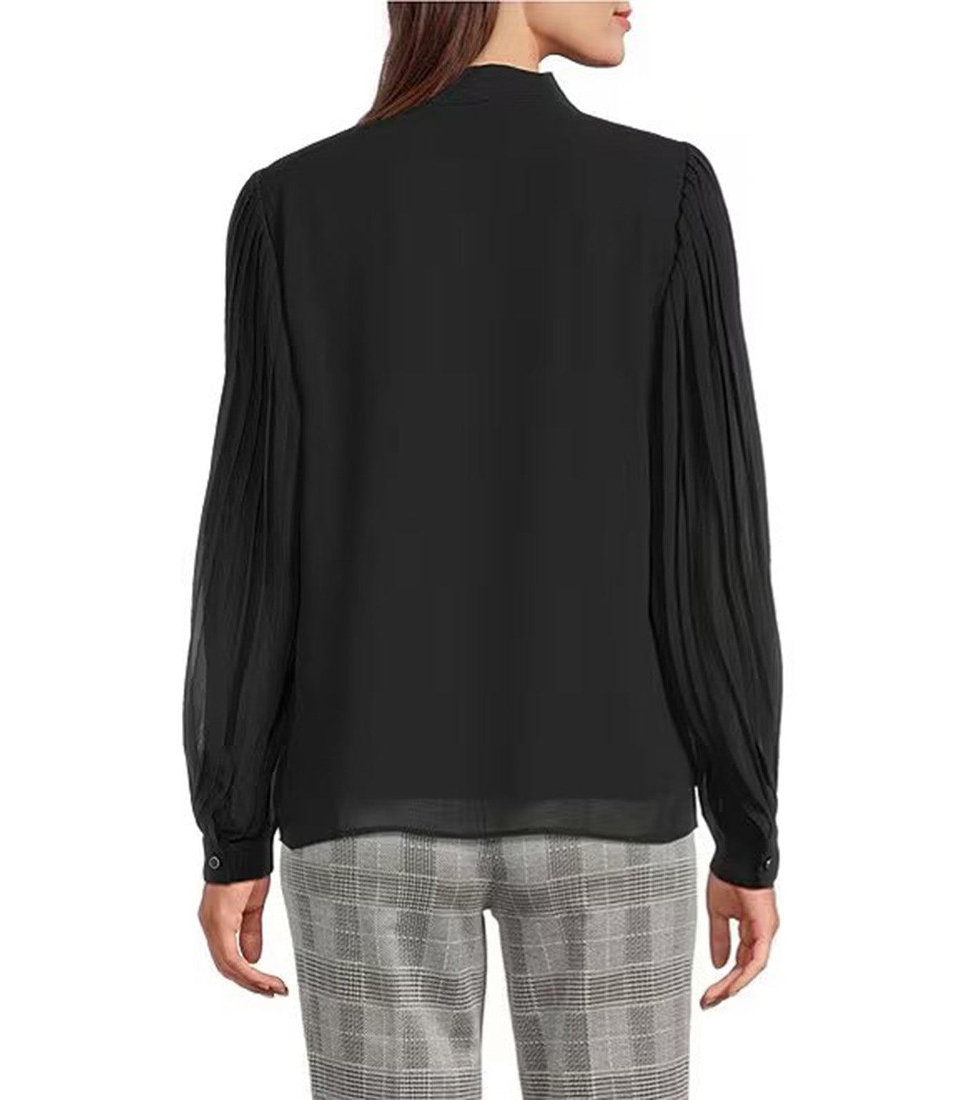 Anne Klein Pleat Front V-Neck Button-Up Shirt Black