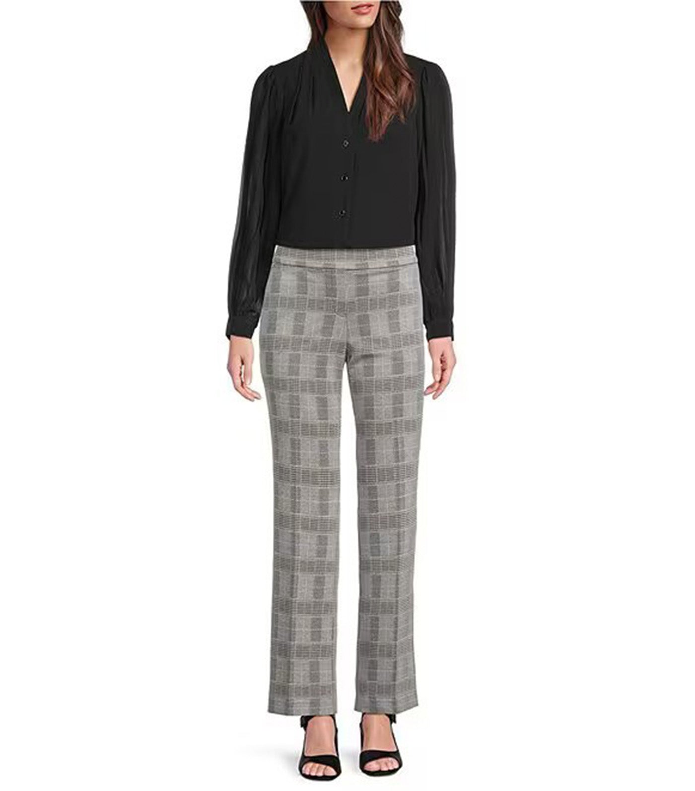 Anne Klein Pleat Front V-Neck Button-Up Shirt Black