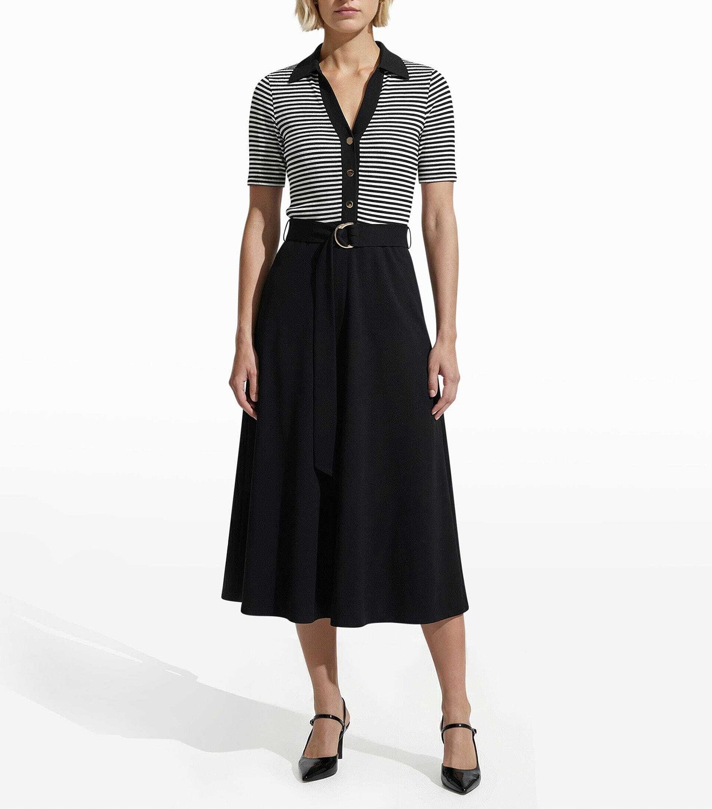 Collared Combo Midi A Line Midi Dress Black Multi