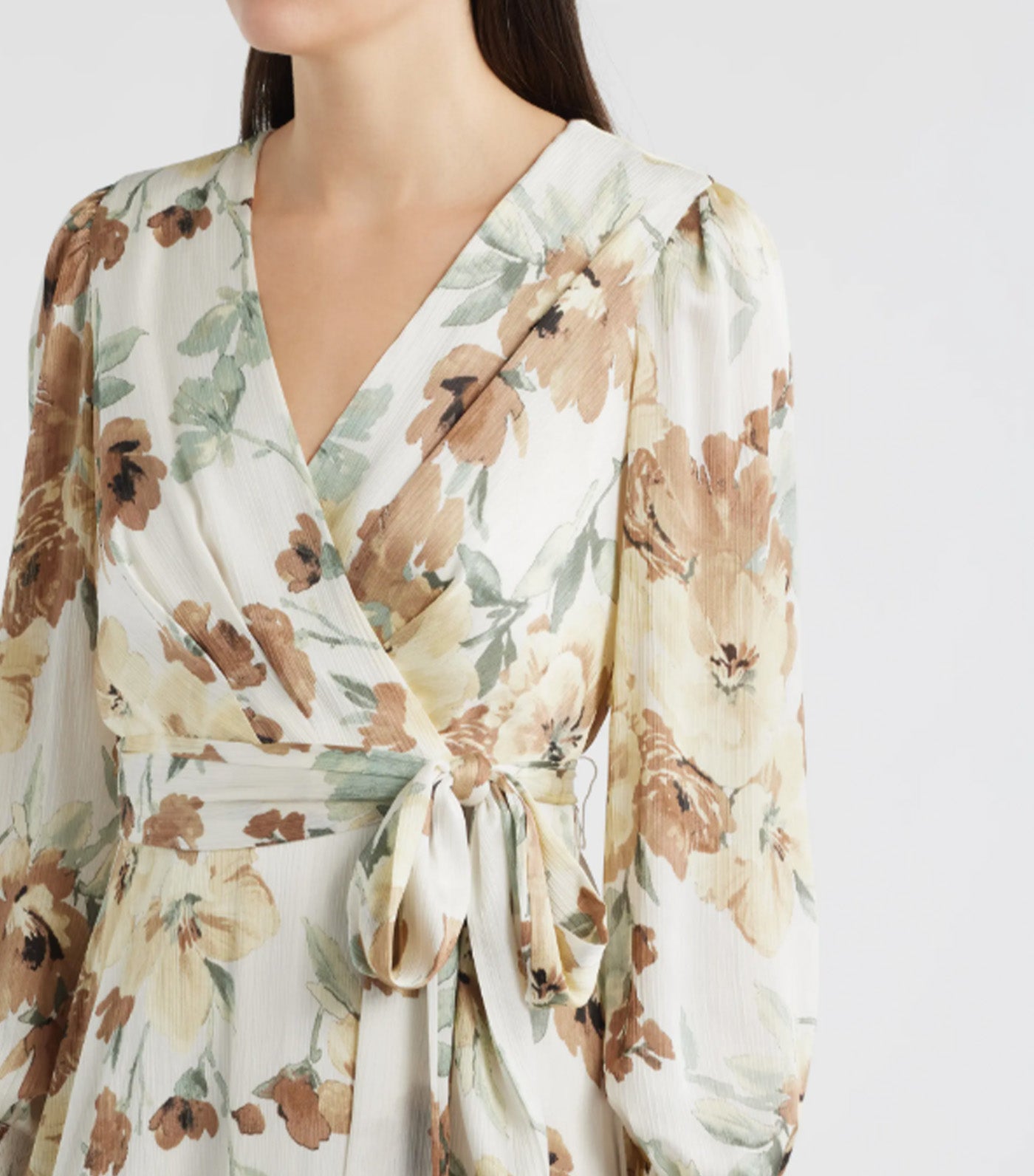 Handkerchief Hem Chiffon Dress with Smocked Cuffs White Multi