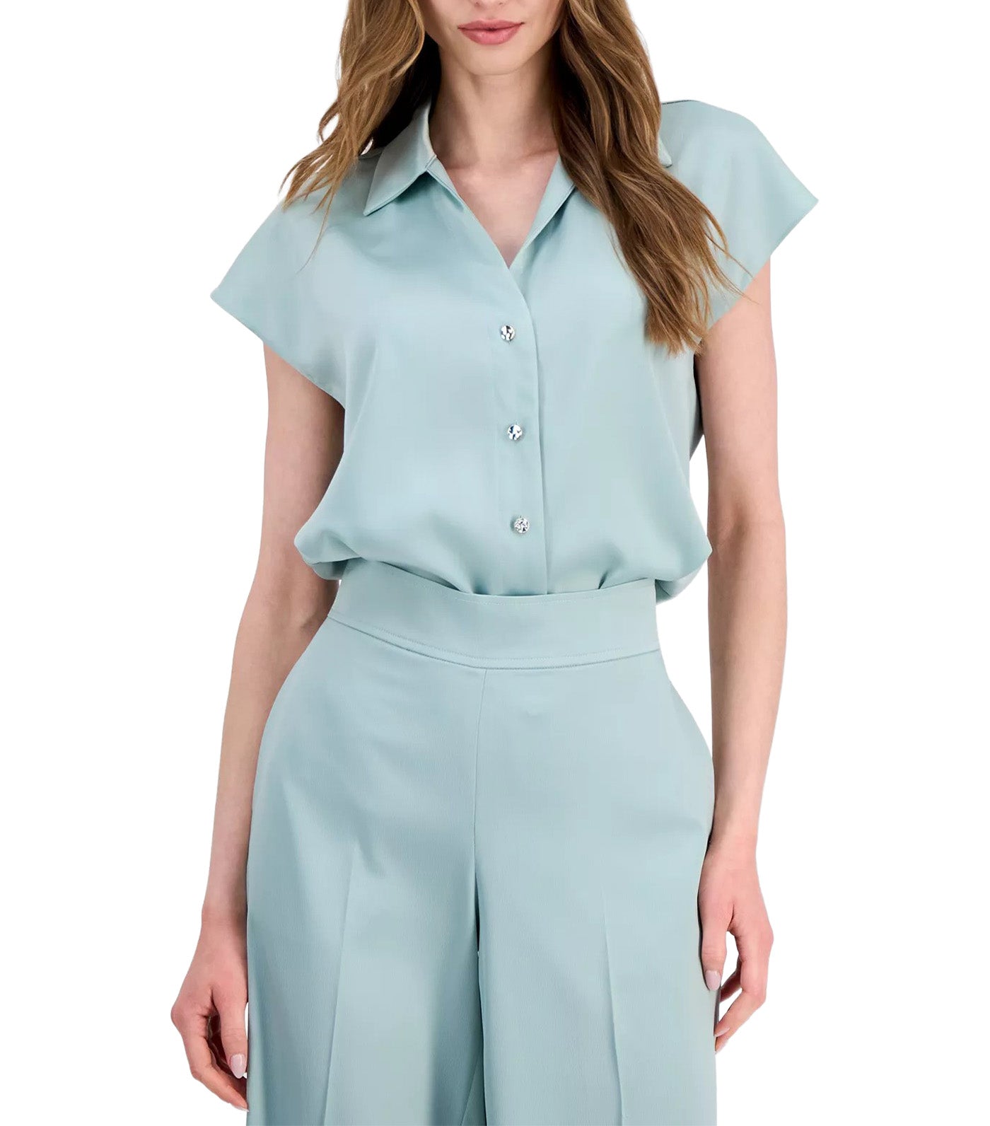 Cap-Sleeve Pleated-Back Shirt Light Green