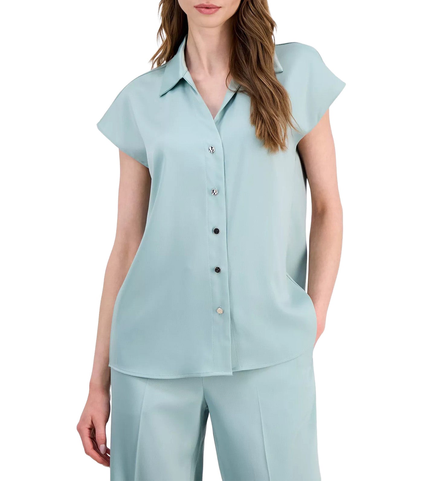 Cap-Sleeve Pleated-Back Shirt Light Green