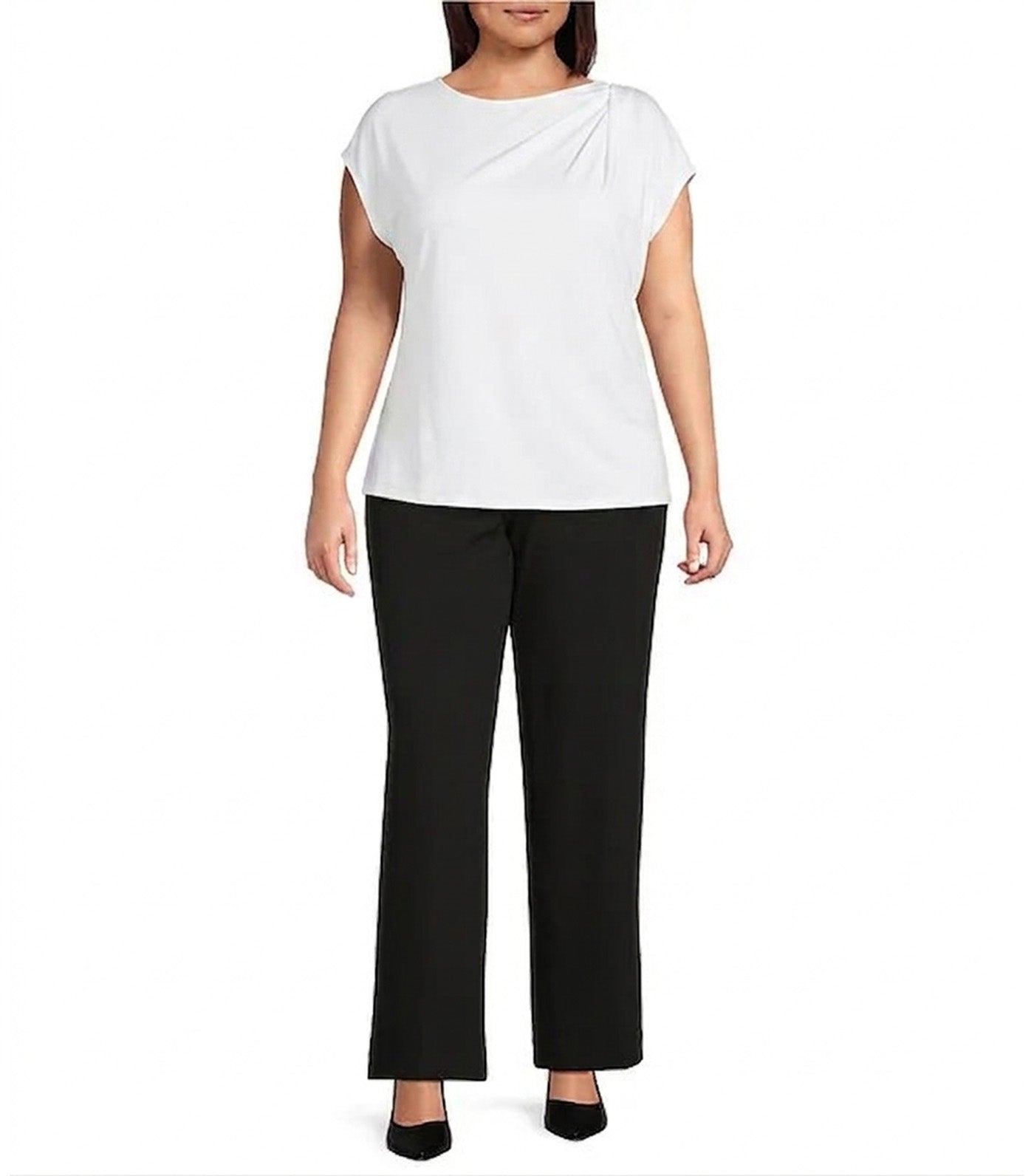 Round Neck Pleated Cap Sleeve Top White