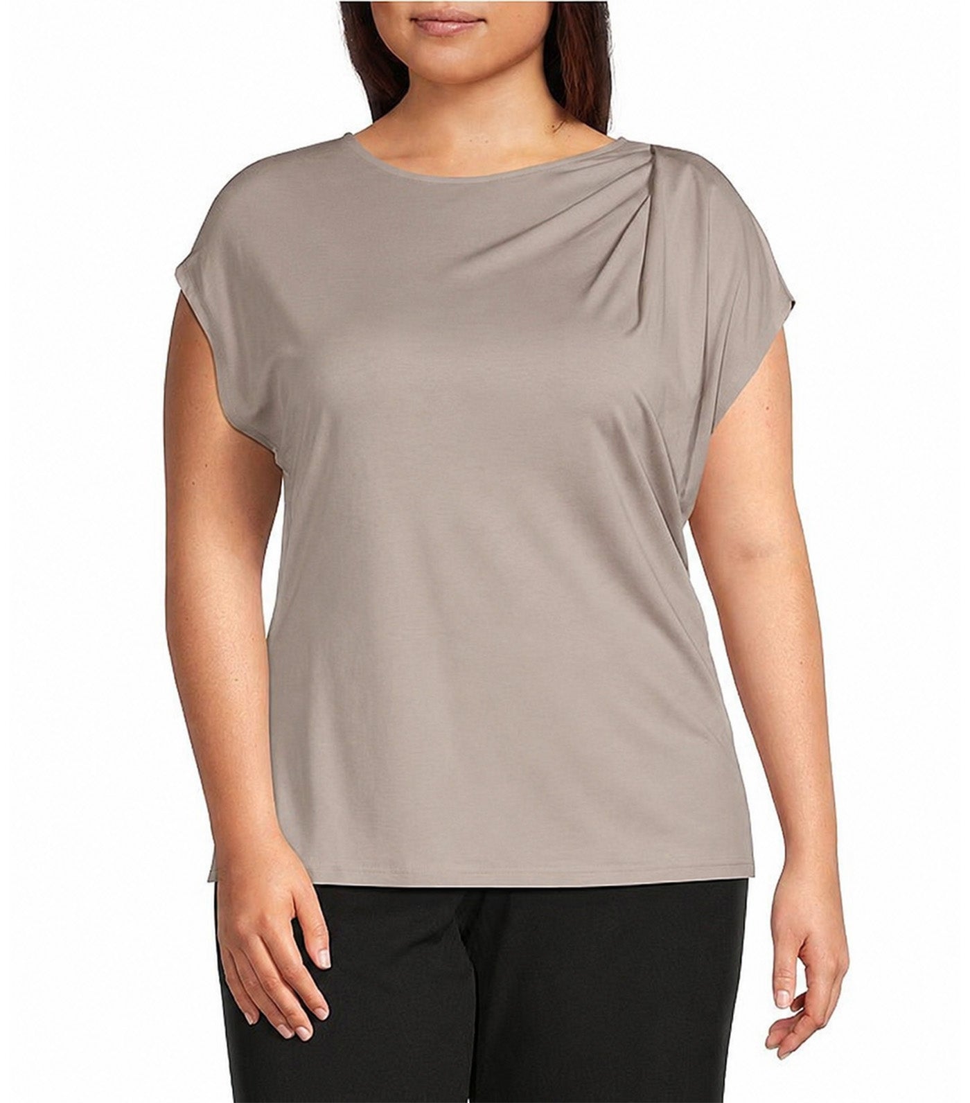 Round Neck Pleated Cap Sleeve Top Taupe