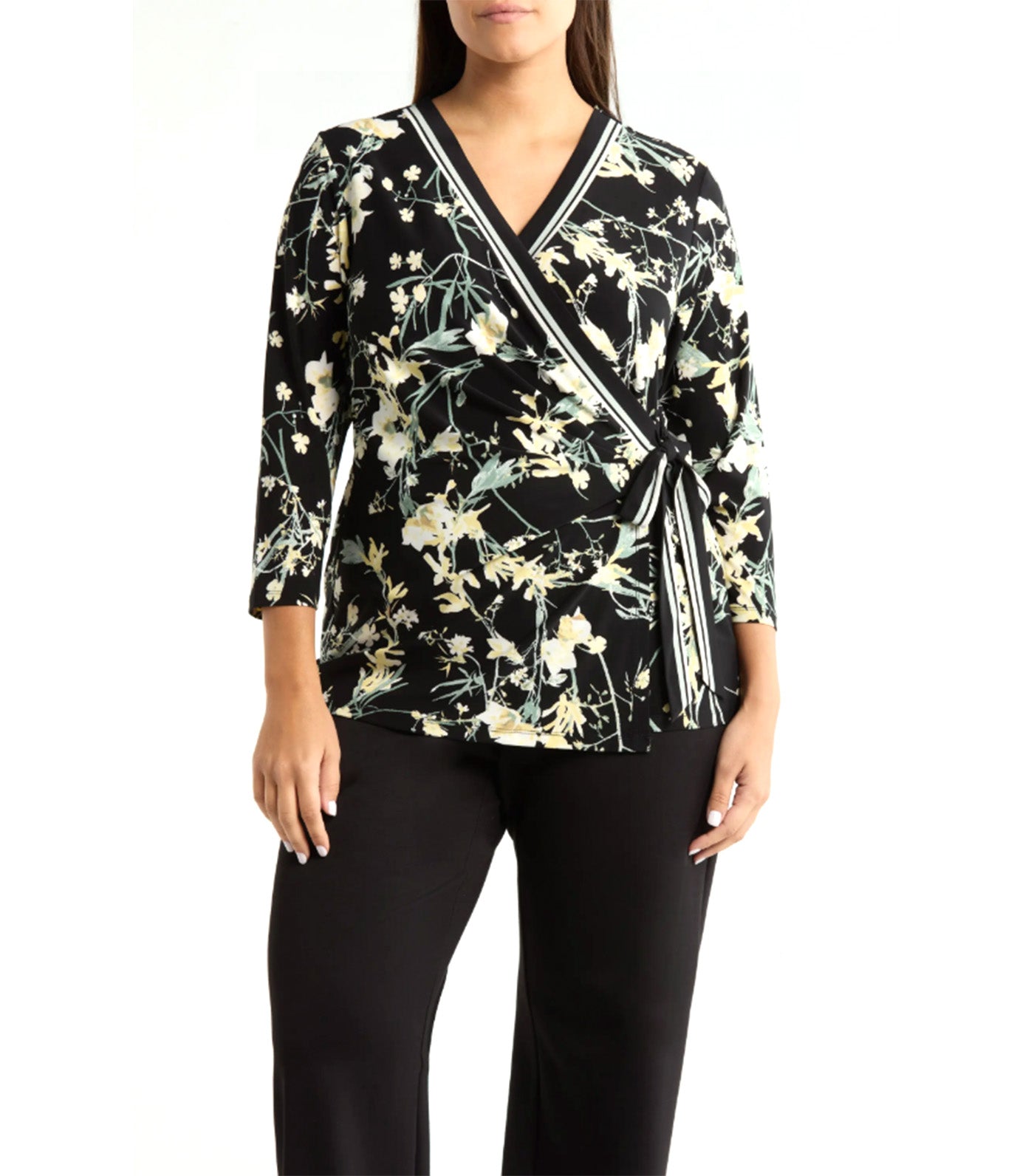 Floral Border Stripe Wrap Top Black Multi