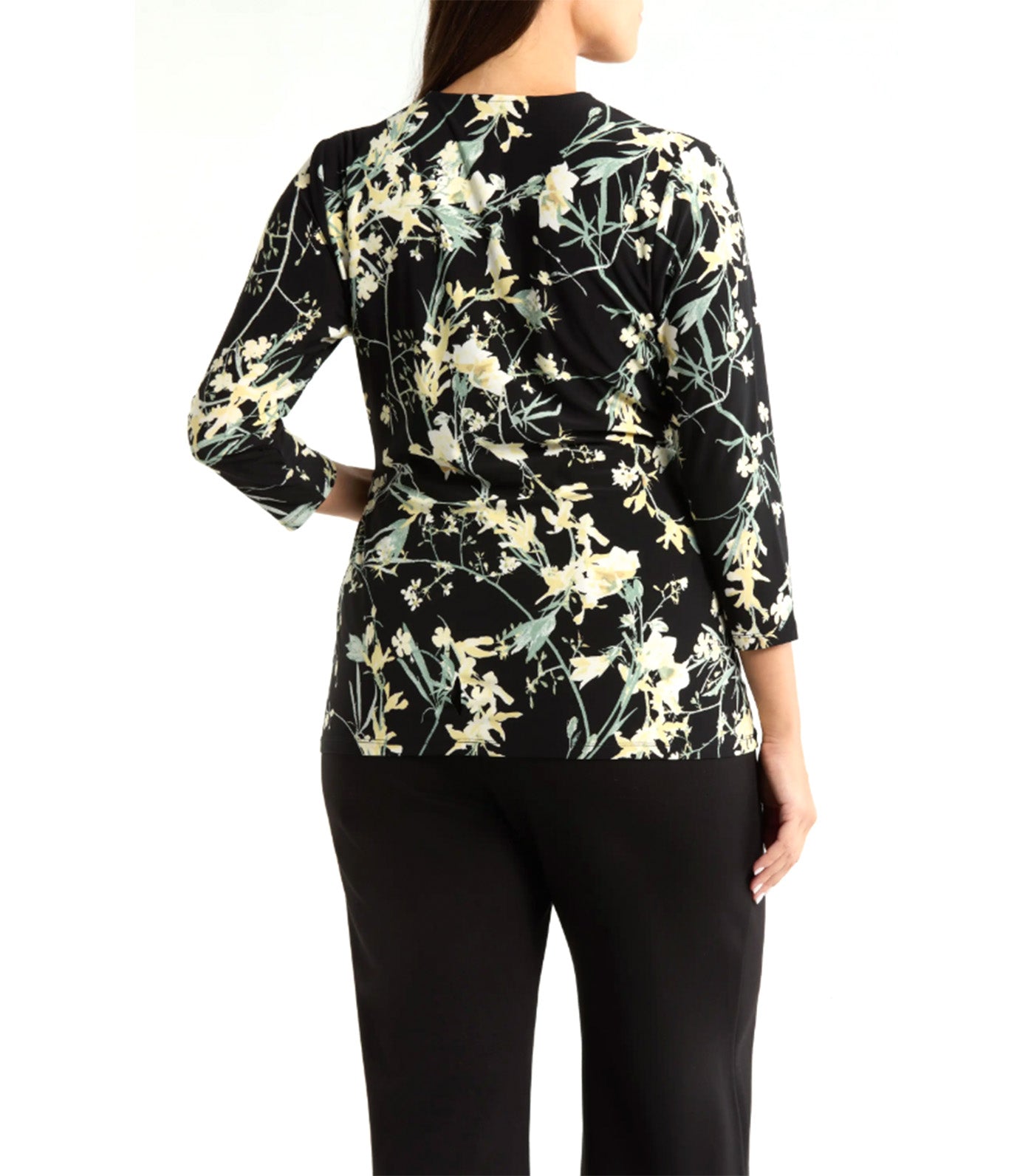 Floral Border Stripe Wrap Top Black Multi