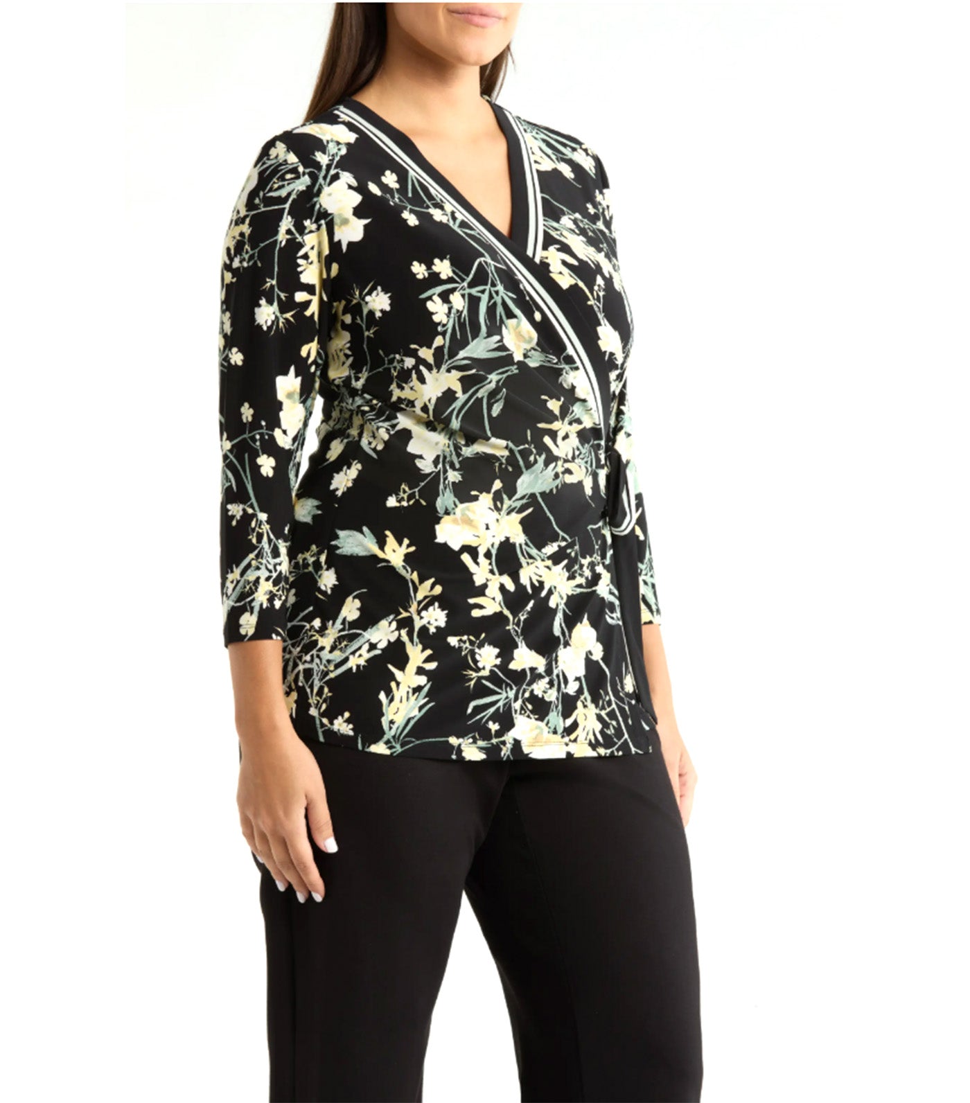 Floral Border Stripe Wrap Top Black Multi