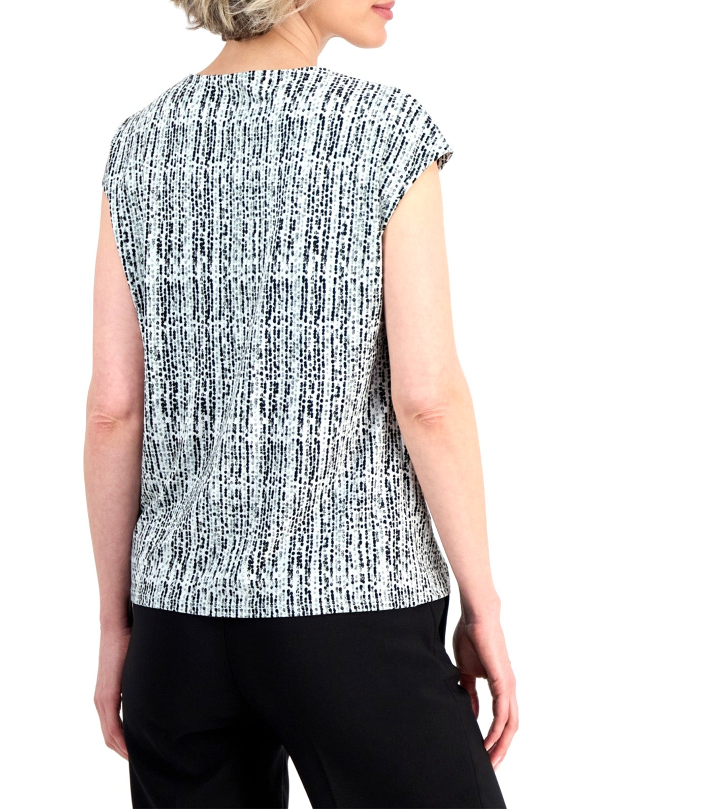 Pleat Keyhole Neck Short-Sleeve Top Black Multi