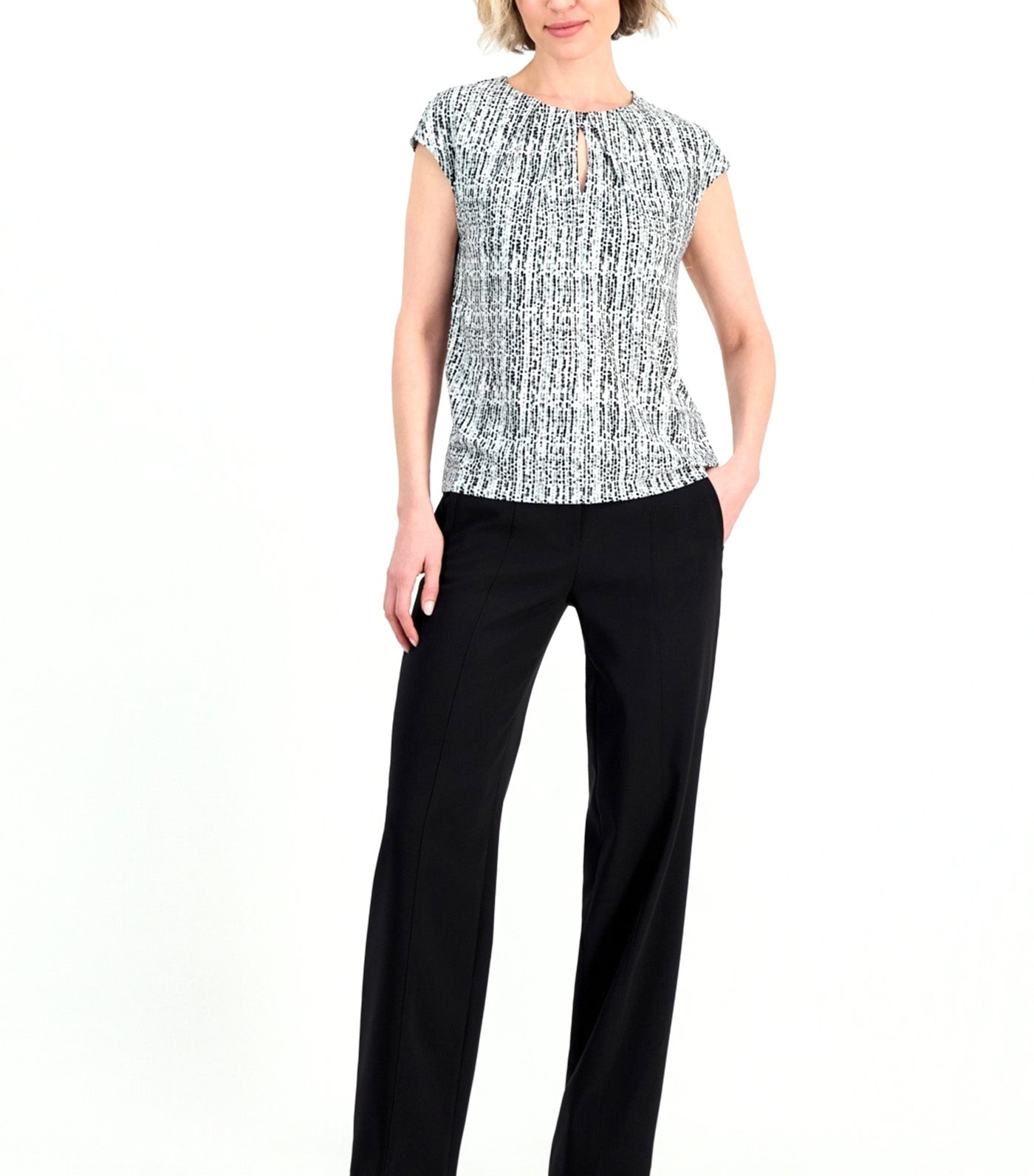 Pleat Keyhole Neck Short-Sleeve Top Black Multi