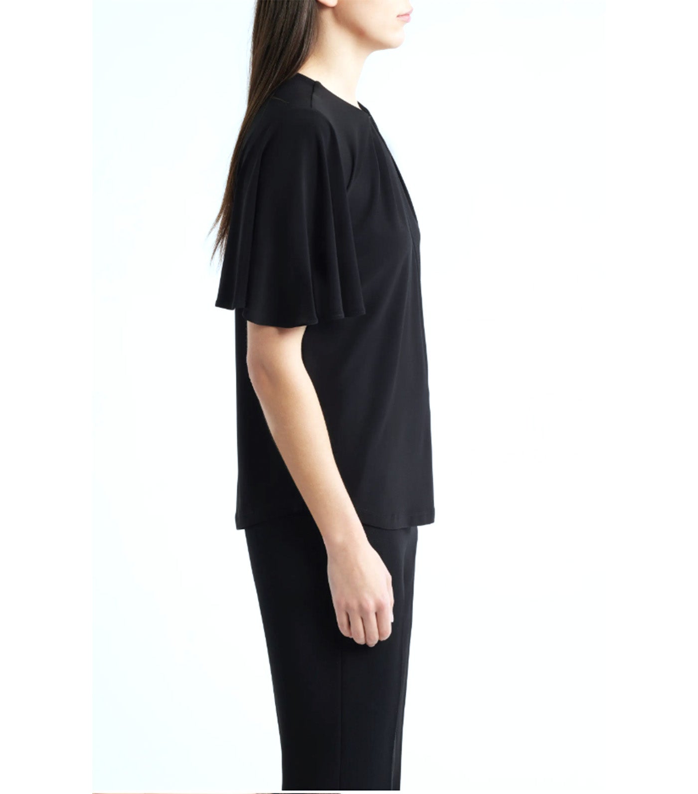 Pleat Neck Bell Sleeve Top Black