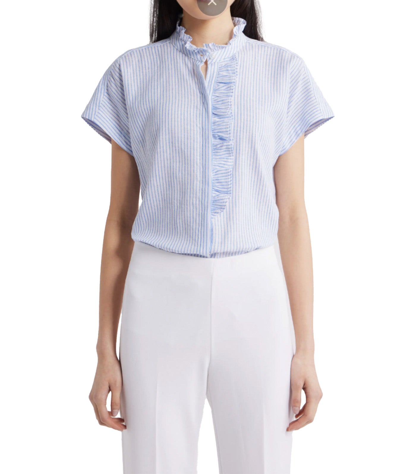 Pinstripe Ruffle Trim Linen Blend Button-Up Top Blue Multi
