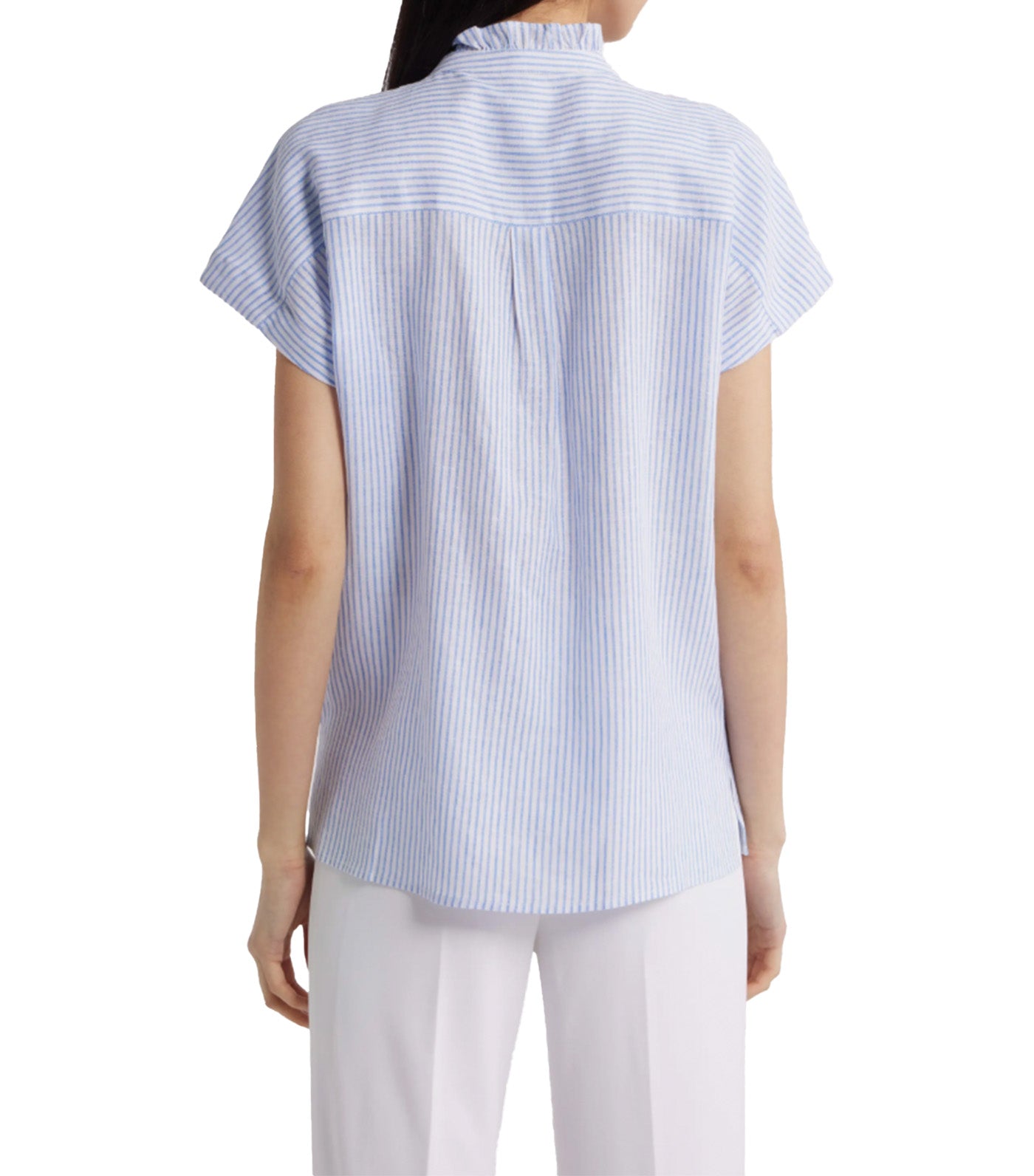 Pinstripe Ruffle Trim Linen Blend Button-Up Top Blue Multi
