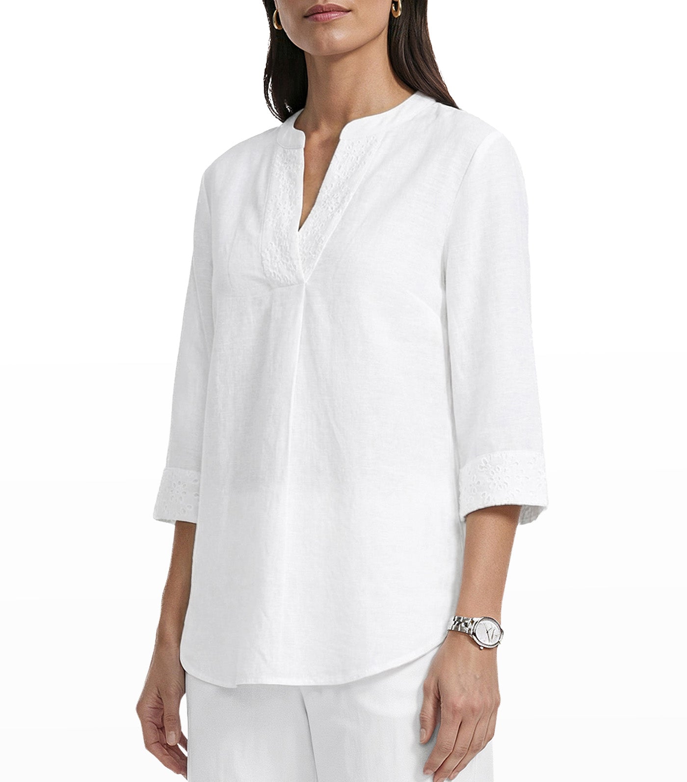 Anne Klein Three-Quarter Sleeve V-Neck Tunic with Combo Cuffs and Placket White