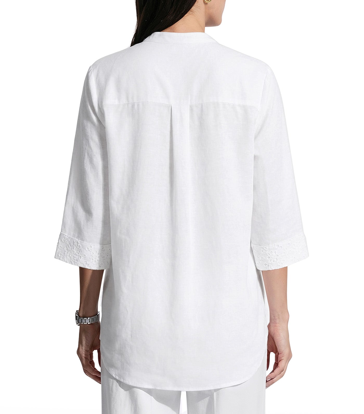 Anne Klein Three-Quarter Sleeve V-Neck Tunic with Combo Cuffs and Placket White