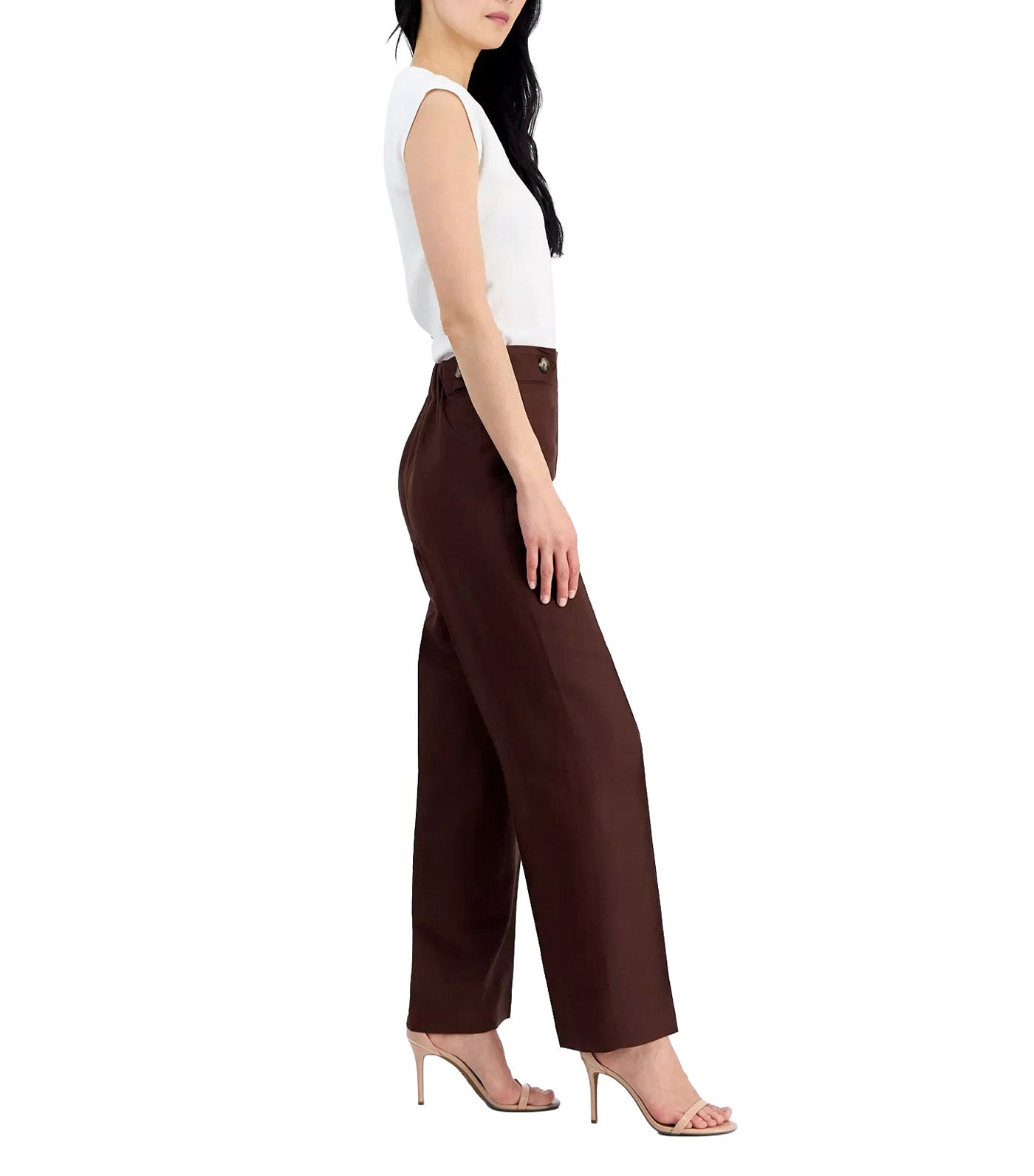 Linen-Blend Pull On Wide-Leg Pants Dark Brown