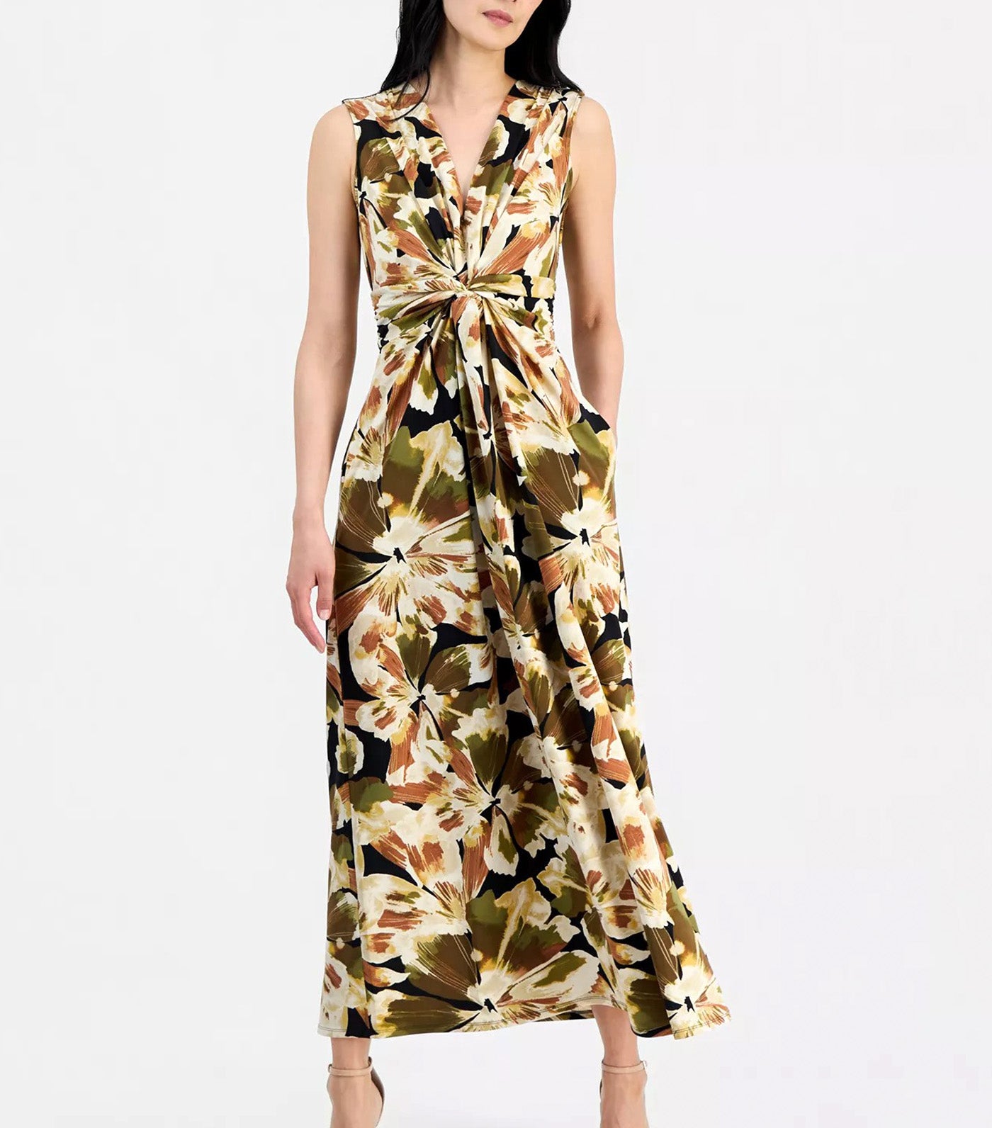 Twist-Front Sleeveless Maxi Dress Black Multi