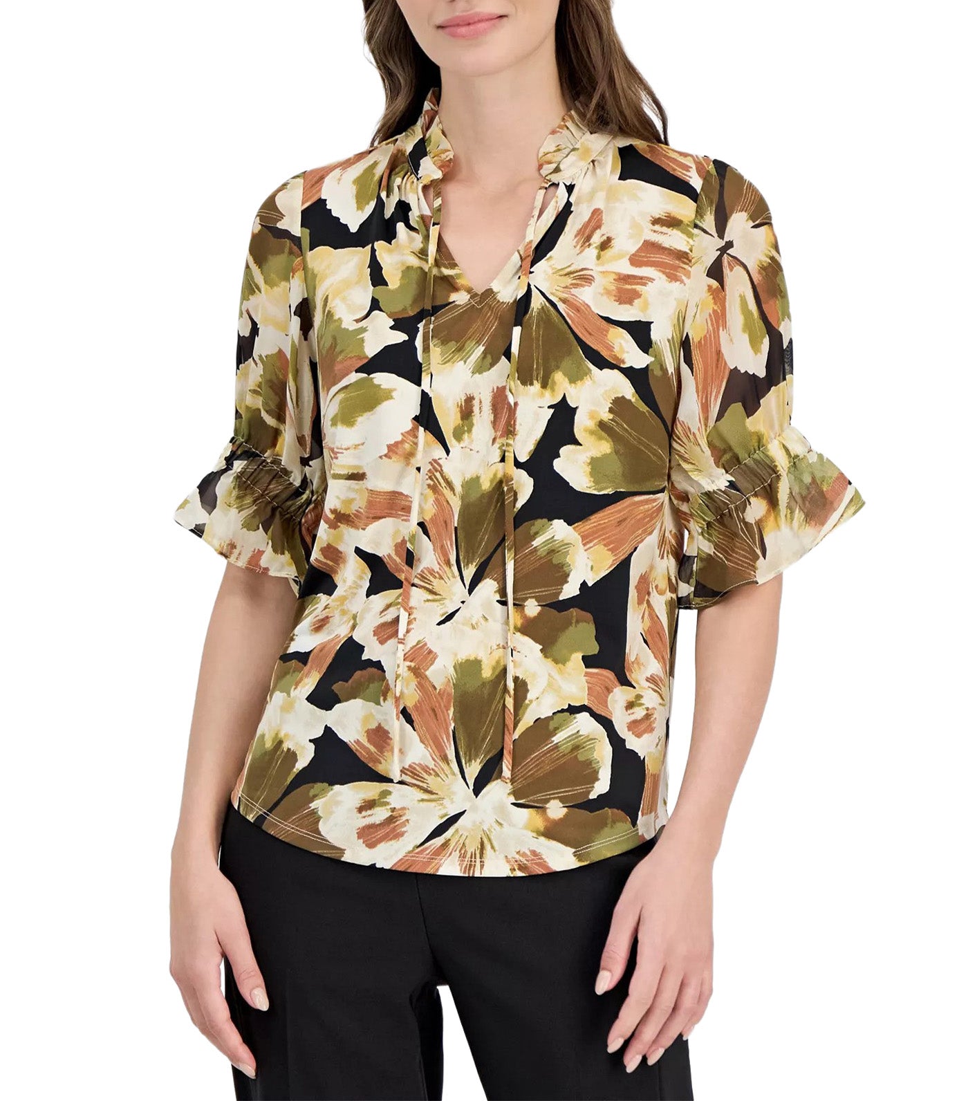 Women's Printed Tie-Front 3/4-Sleeve Blouse Black Multi