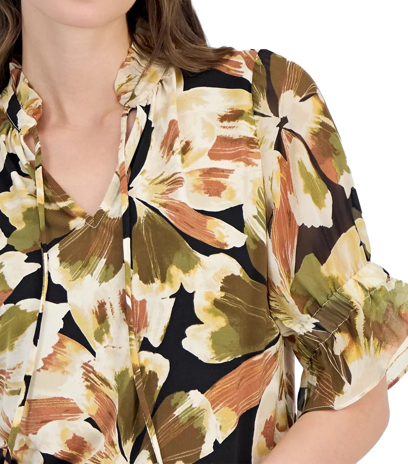 Women's Printed Tie-Front 3/4-Sleeve Blouse Black Multi