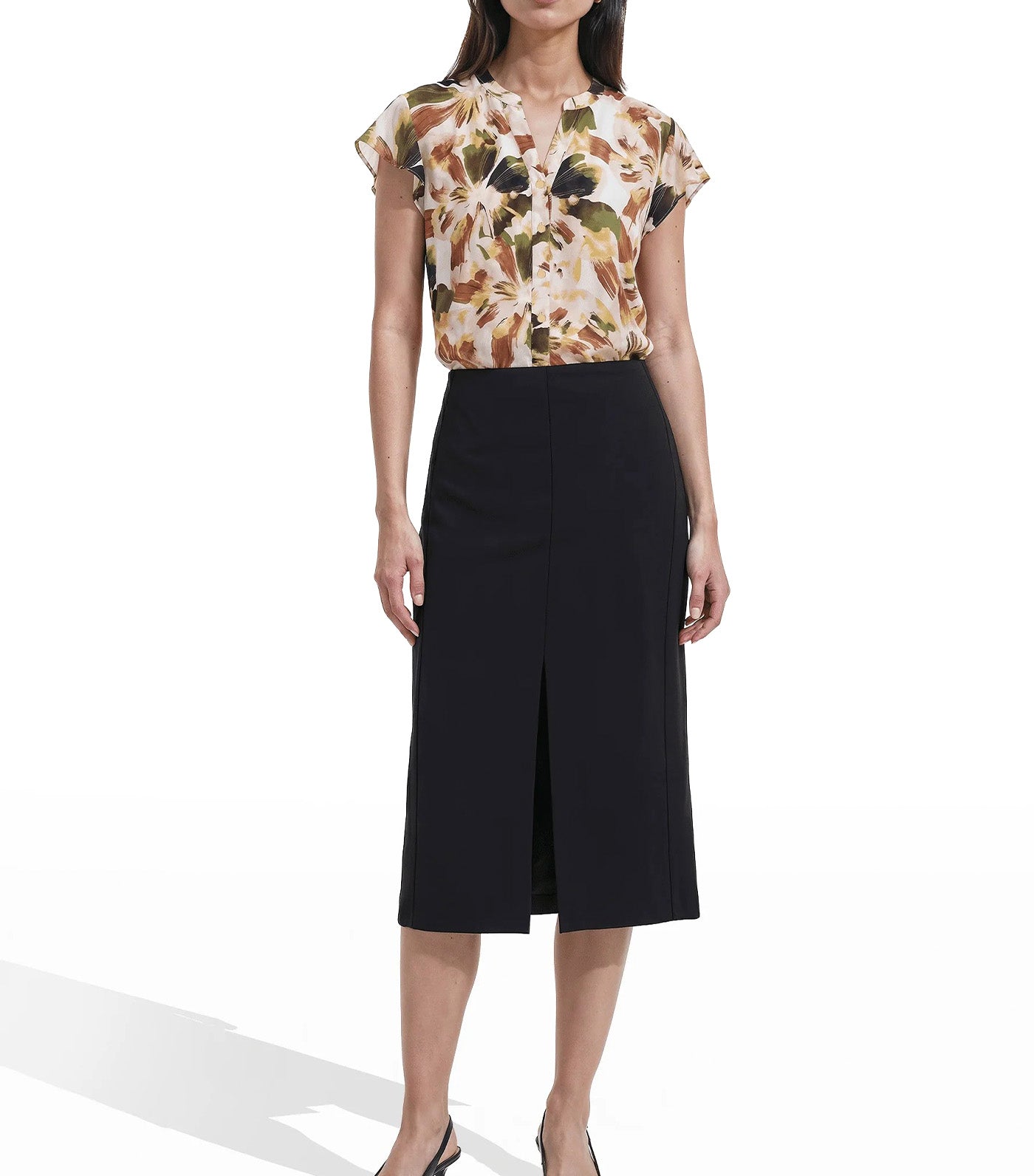 Pull-On Pencil Skirt with Front Slit Black
