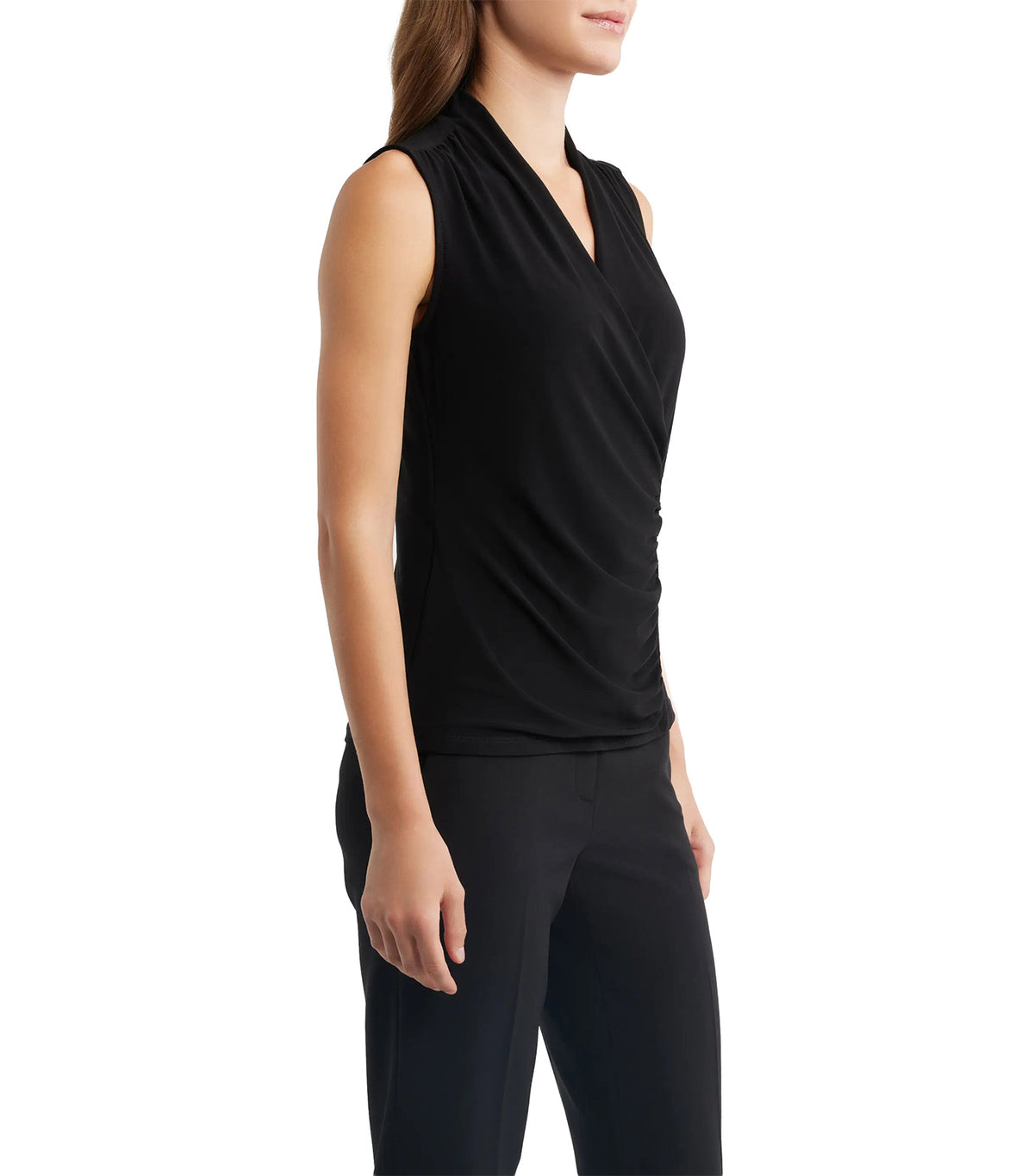 Ruched Faux Wrap Top Black