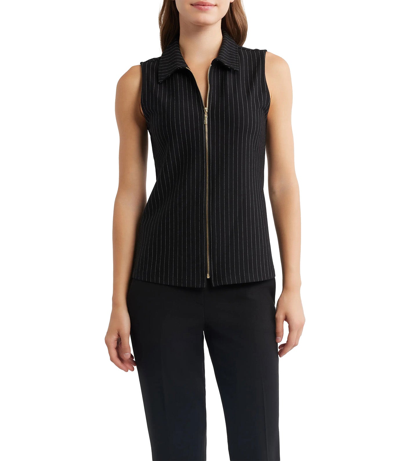 Pinstripe Front Zip Sleeveless Knit Top Black