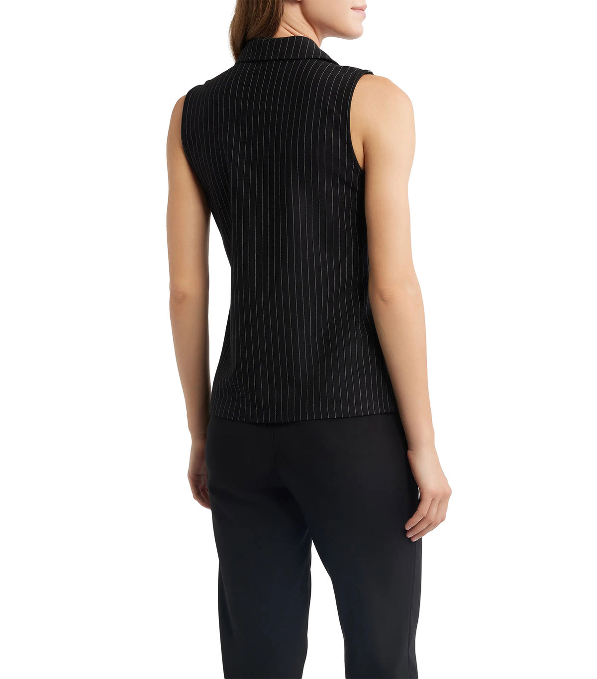 Pinstripe Front Zip Sleeveless Knit Top Black