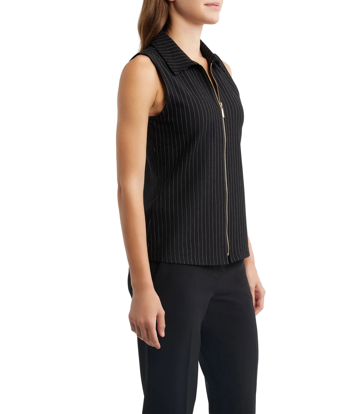 Pinstripe Front Zip Sleeveless Knit Top Black