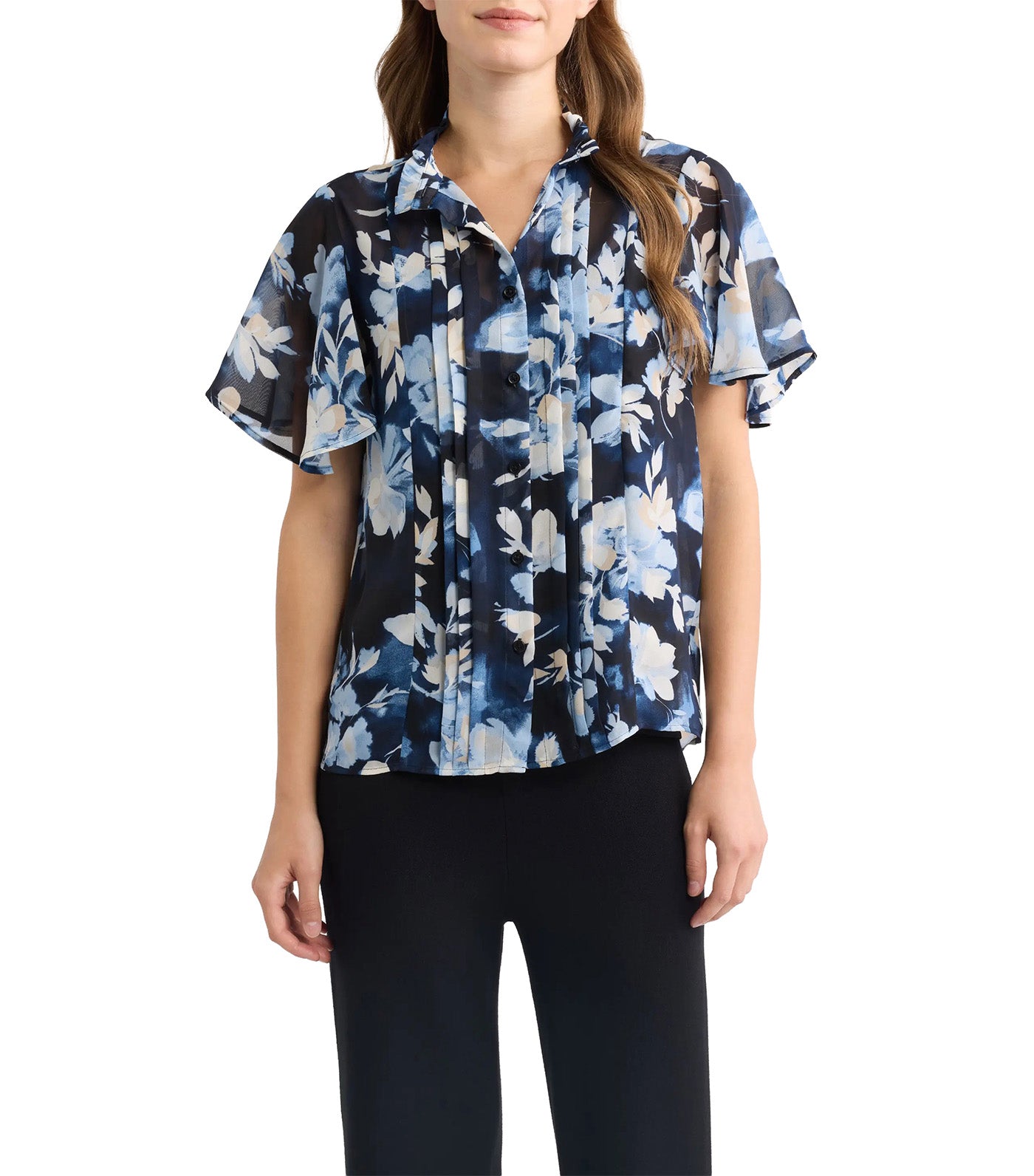 Pleated Floral Stand Collar Top Blue Multi