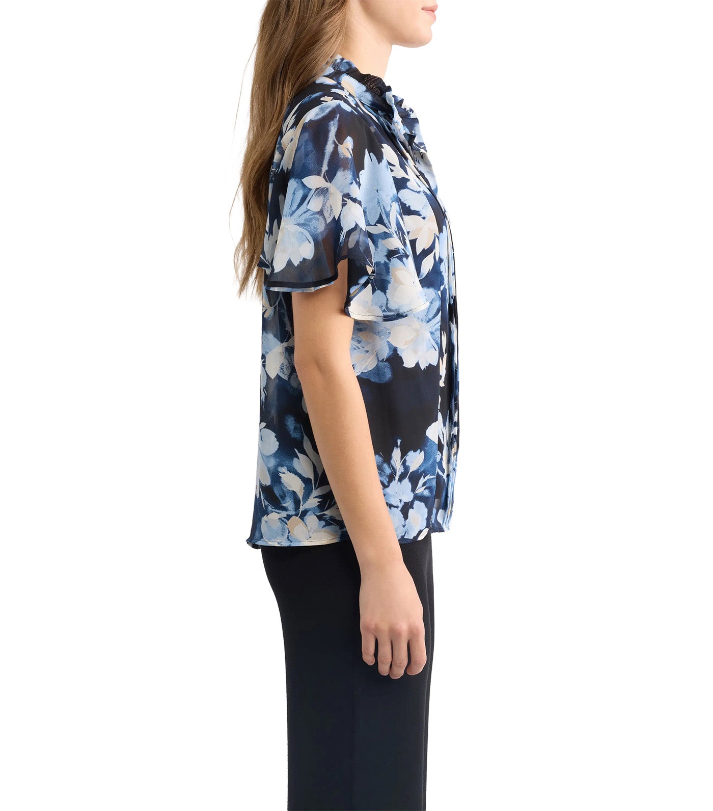 Pleated Floral Stand Collar Top Blue Multi