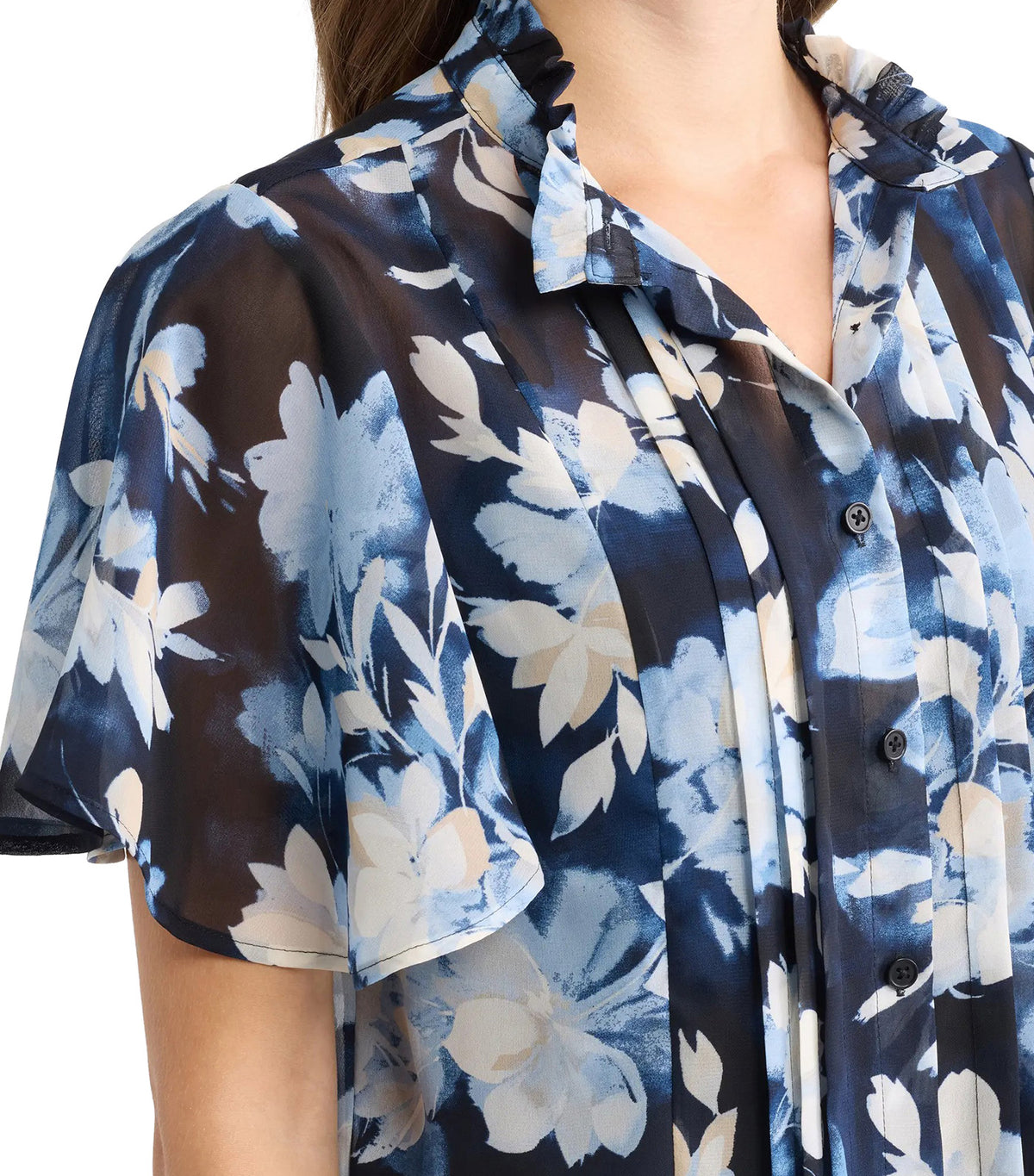 Pleated Floral Stand Collar Top Blue Multi