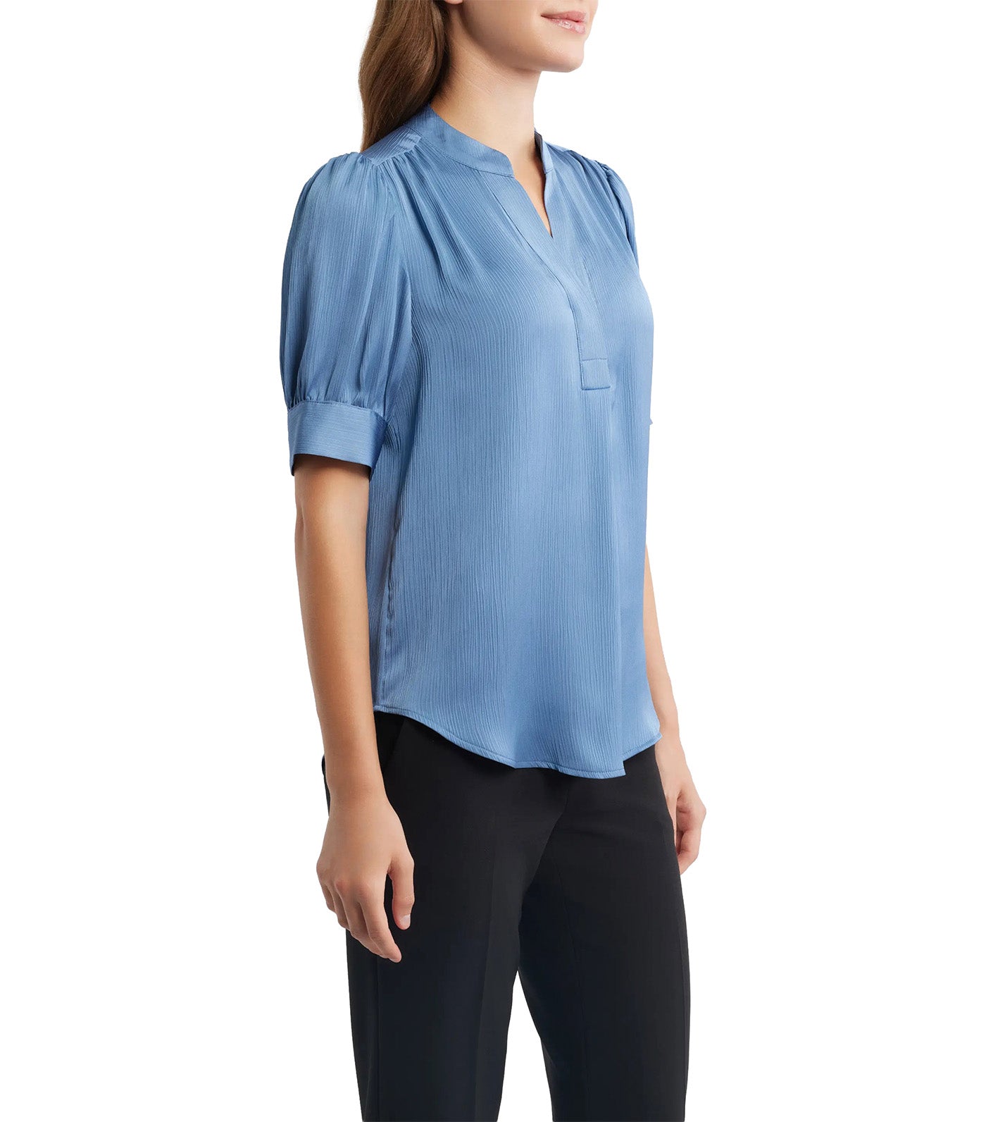Puff Sleeve Hidden Button Top Blue