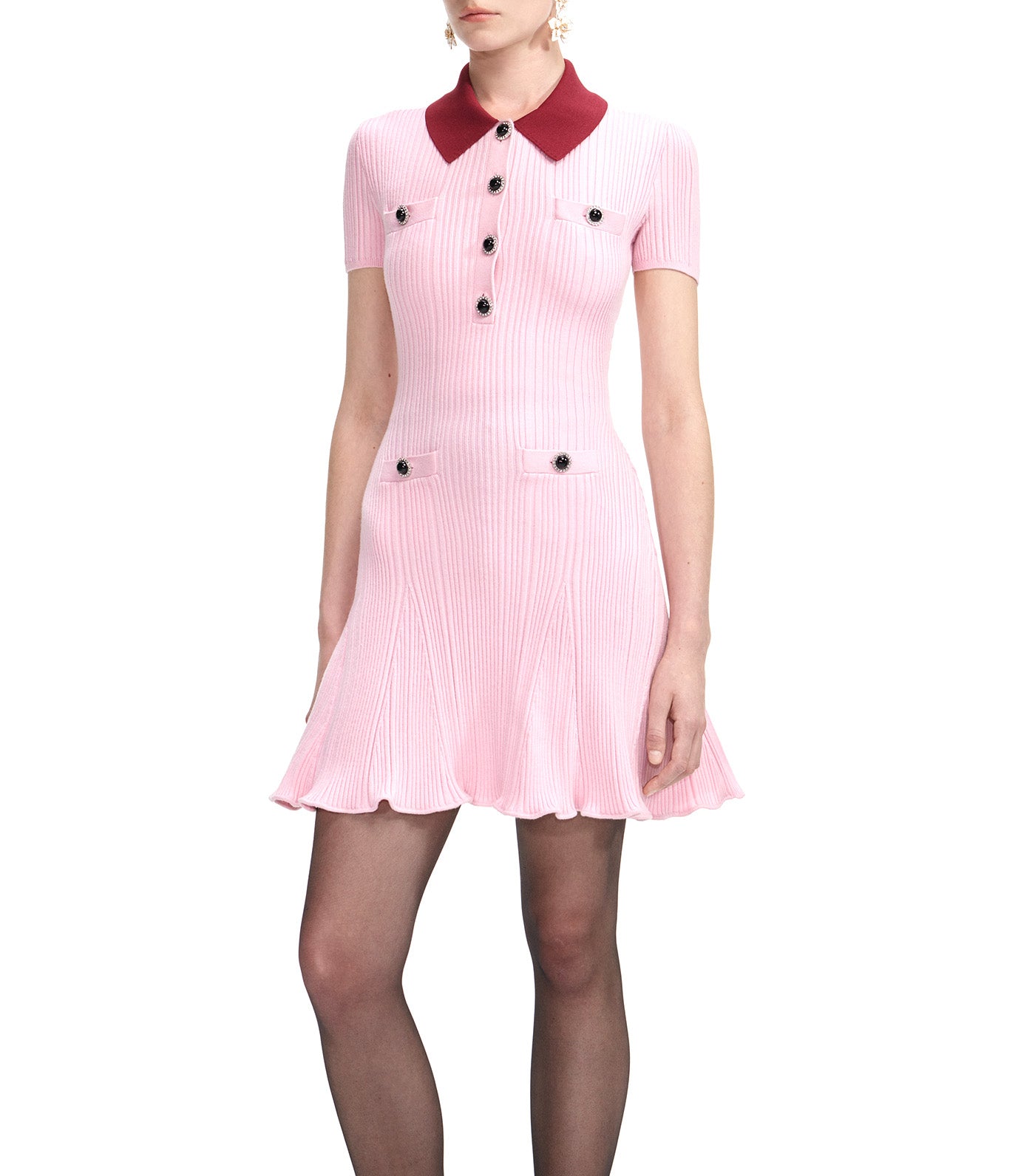 Contrast Collar Knit Mini Dress Pink