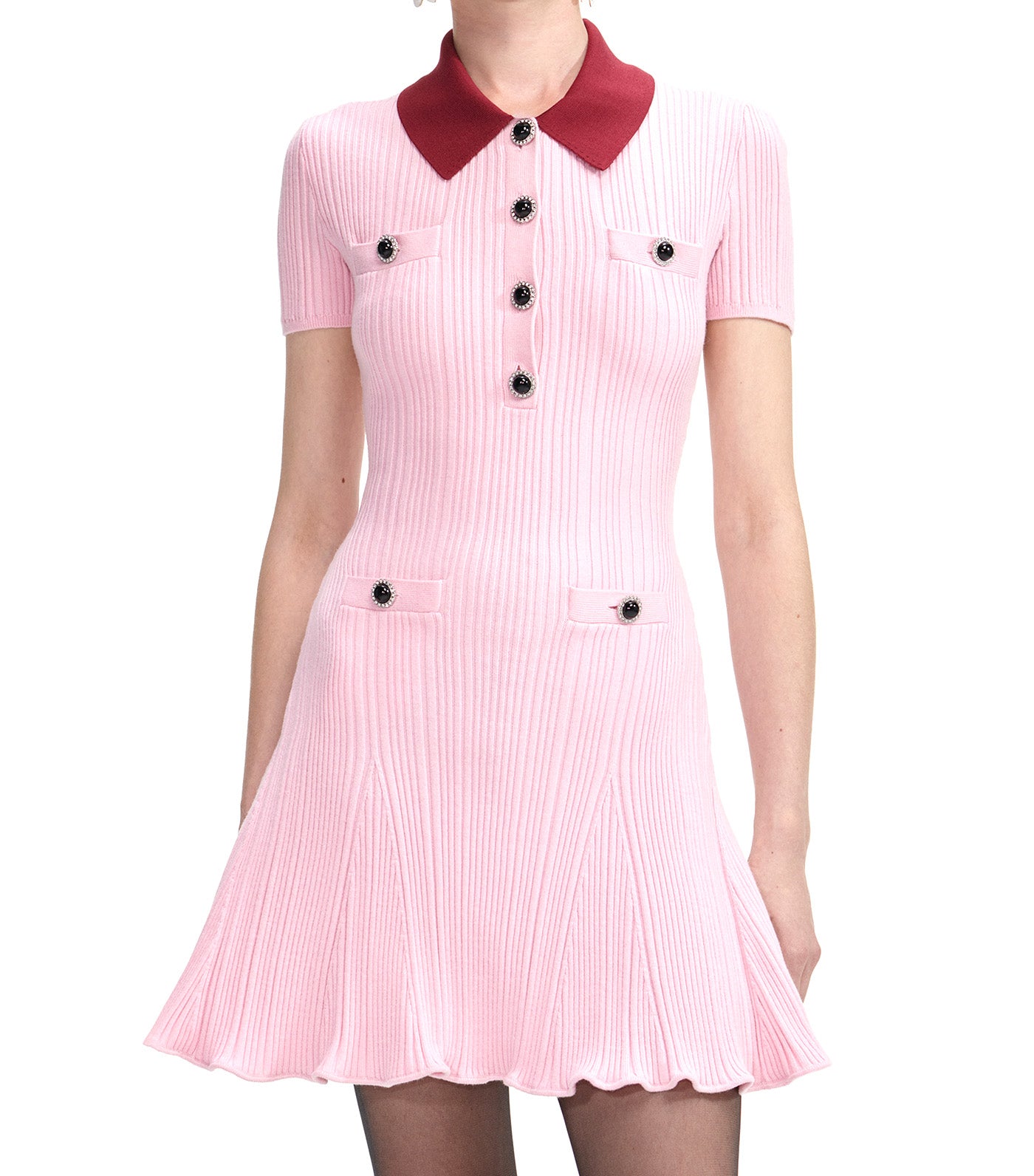 Contrast Collar Knit Mini Dress Pink