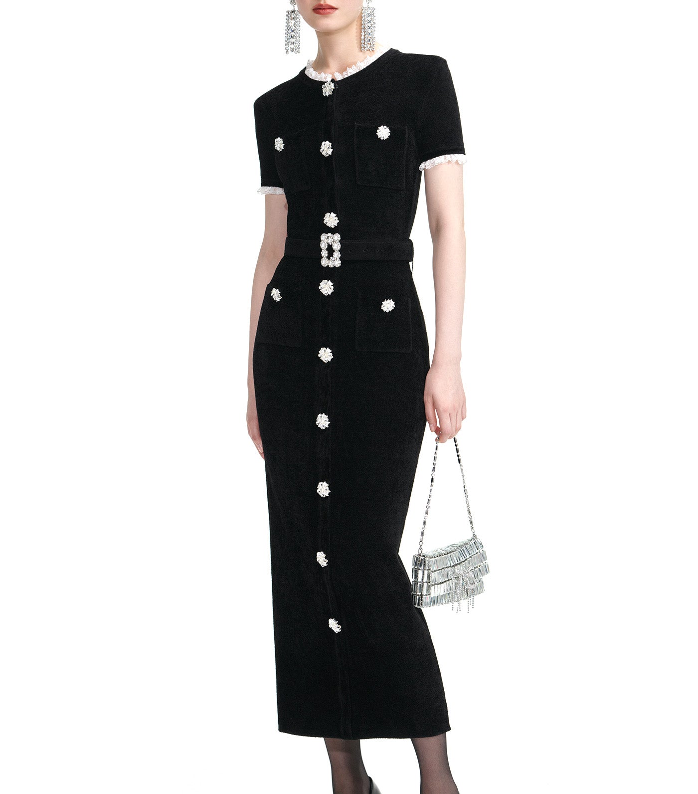 Chenille Knit Midi Dress Black