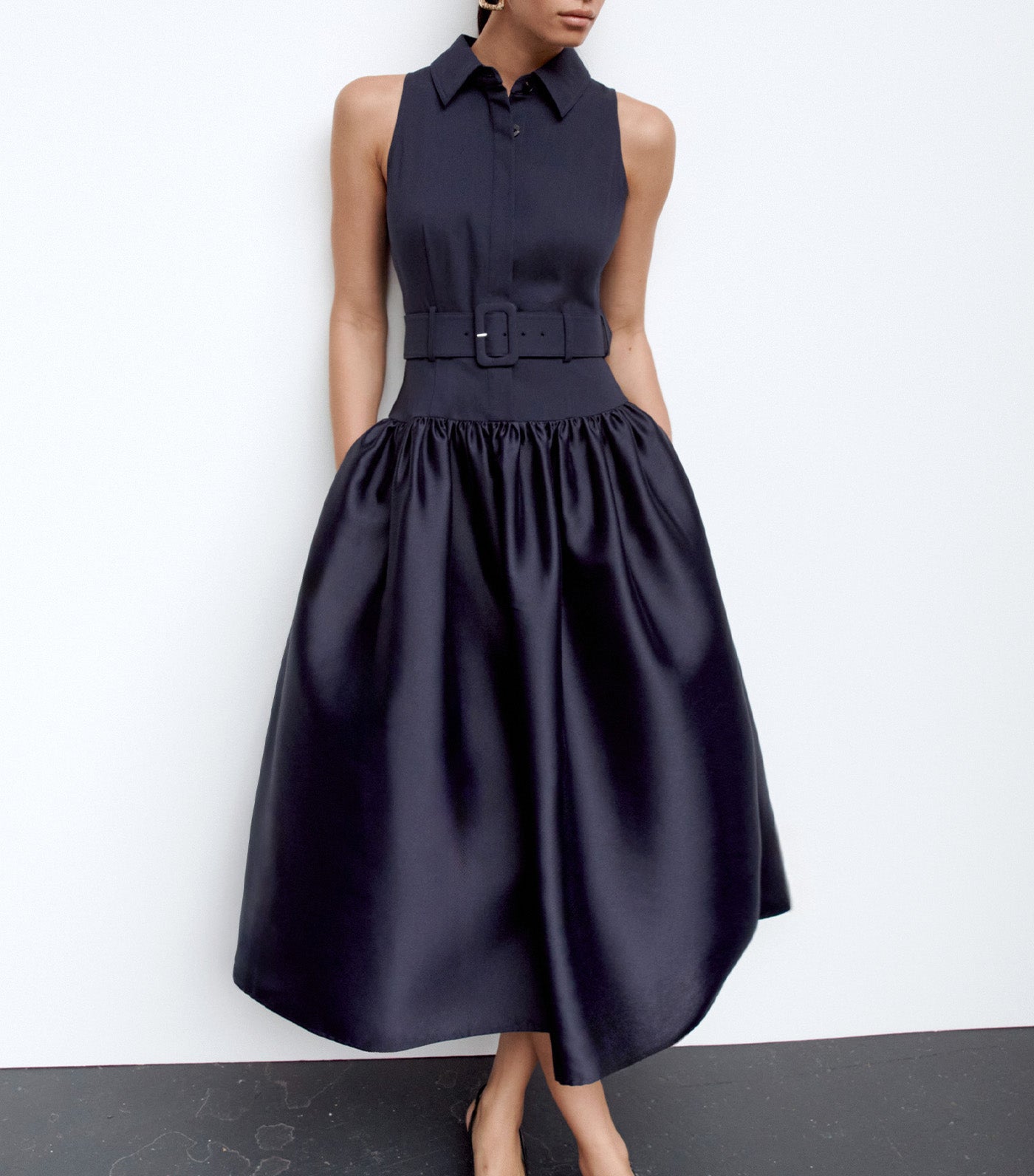 Self-Portrait Belted Twill Midi Dress Navy
