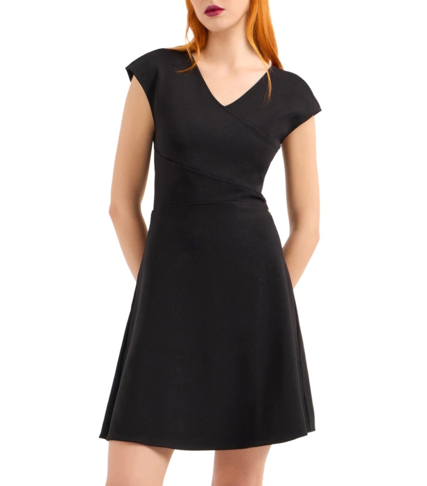 Armani Exchange V-Neck Cap Sleeve A-Line Dress Black