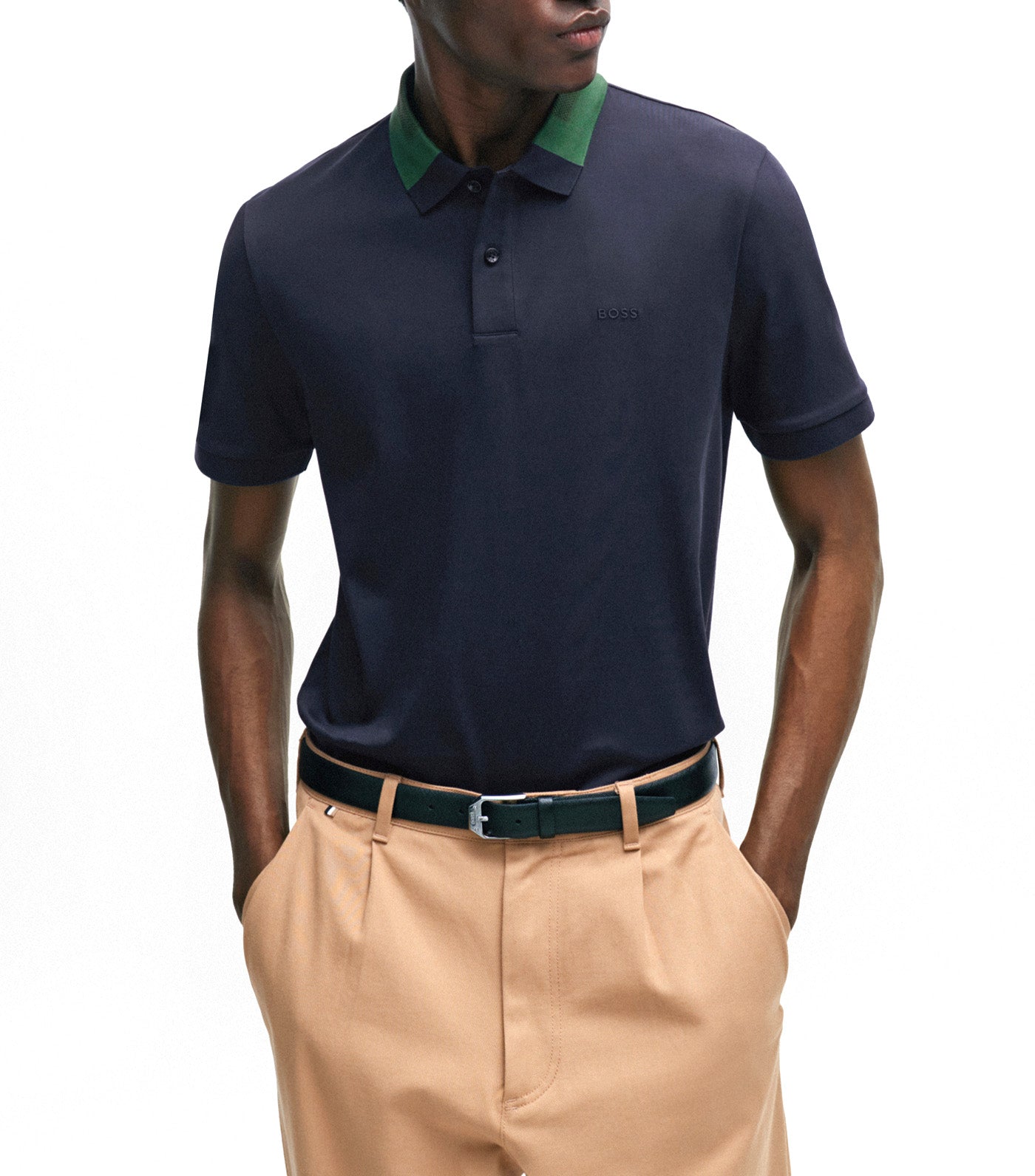 Interlock-Cotton Polo Shirt with Color-Blocked Collar Blue