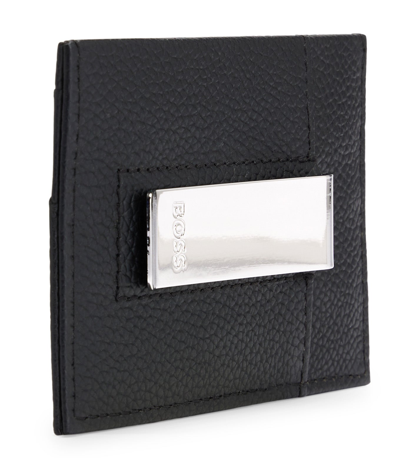Brass Money Clip with Card Holder in Grained Leather Black