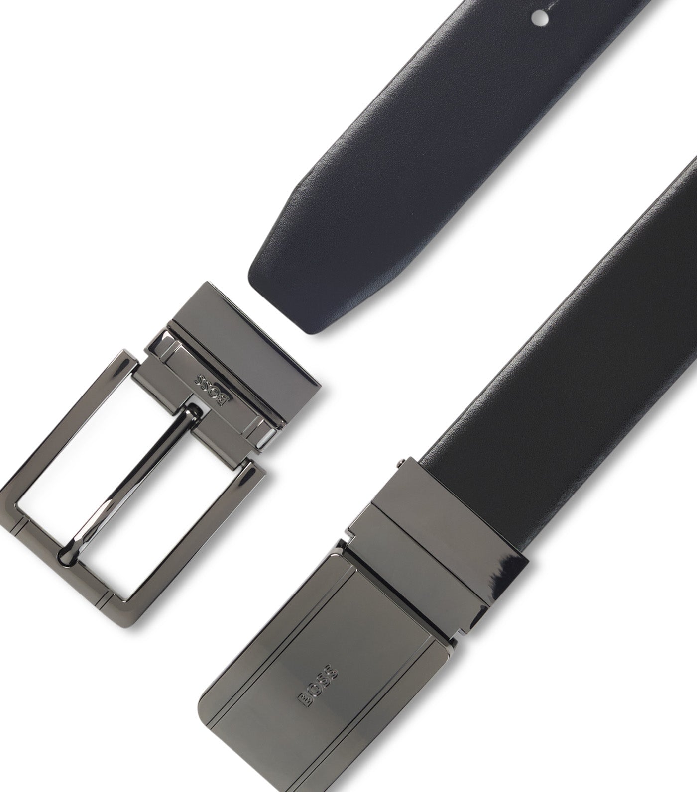 Reversible Leather Belt with Pin and Plaque Buckles Black