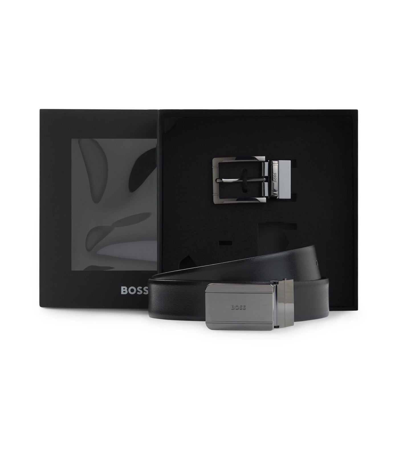 Reversible Leather Belt with Pin and Plaque Buckles Black