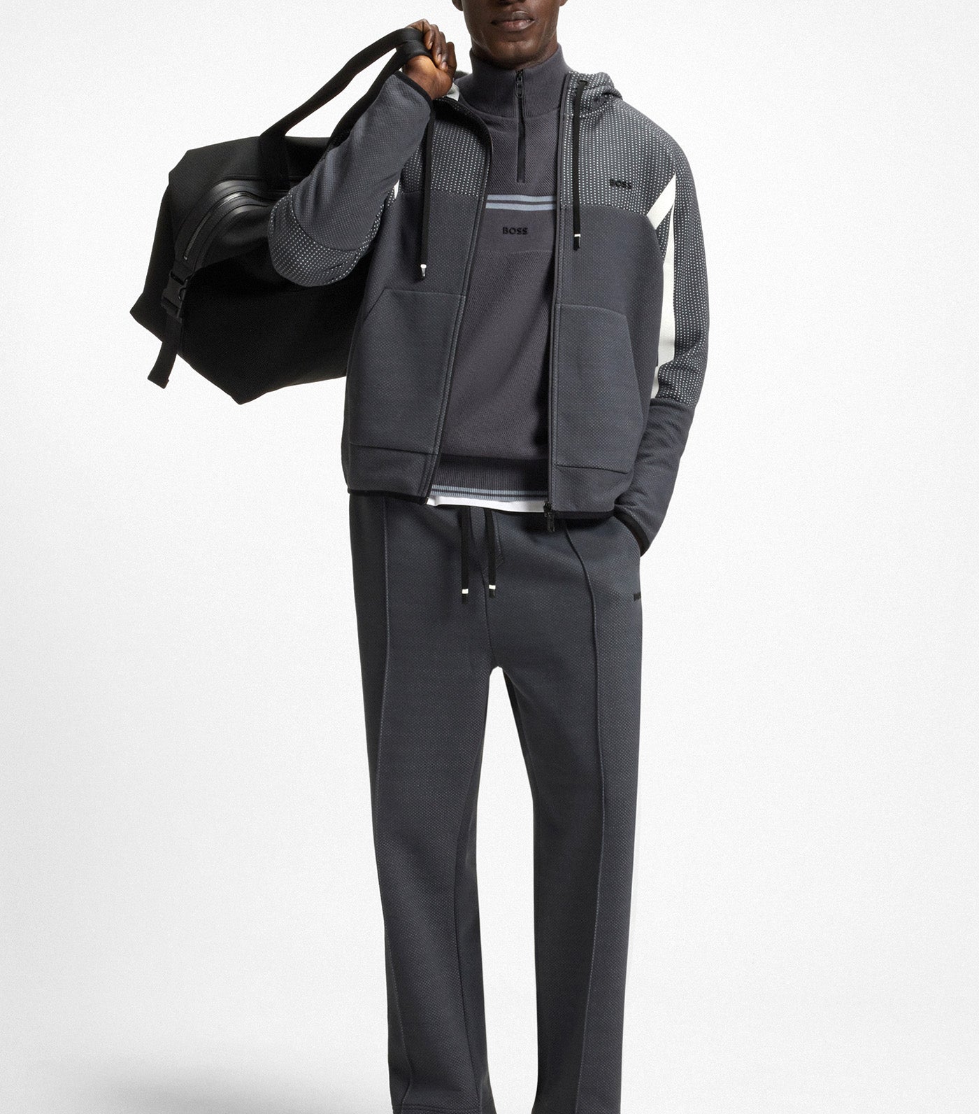 BOSS Regular-Fit Zip-Up Hoodie in Quilted Jacquard Dark Gray