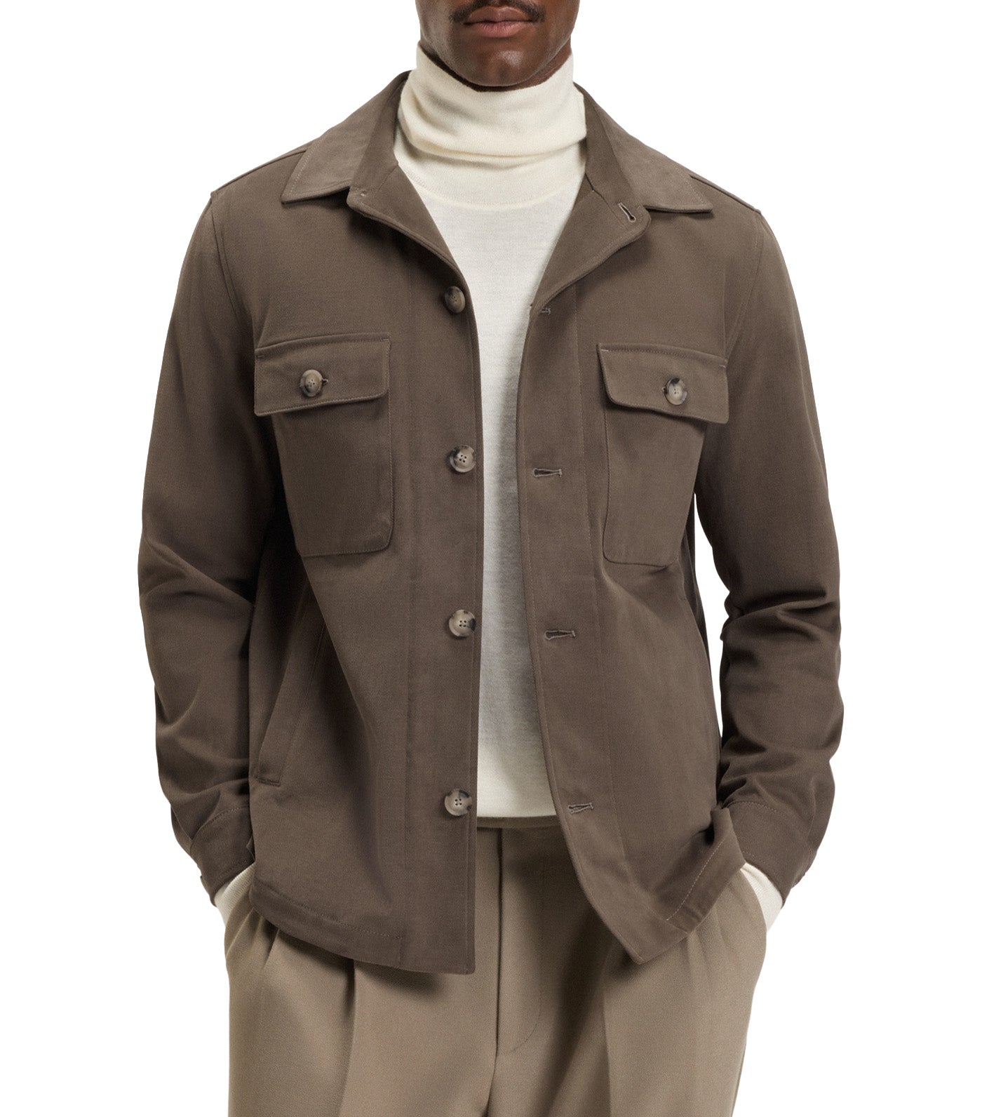 Relaxed-Fit Overshirt in Mercerised Stretch Cotton Brown