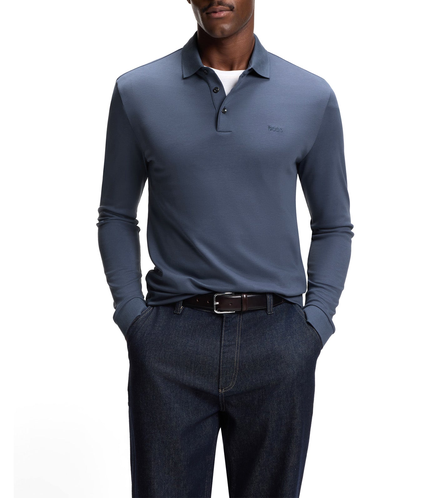Long-Sleeved Polo Shirt in Interlock Cotton with Logo Blue