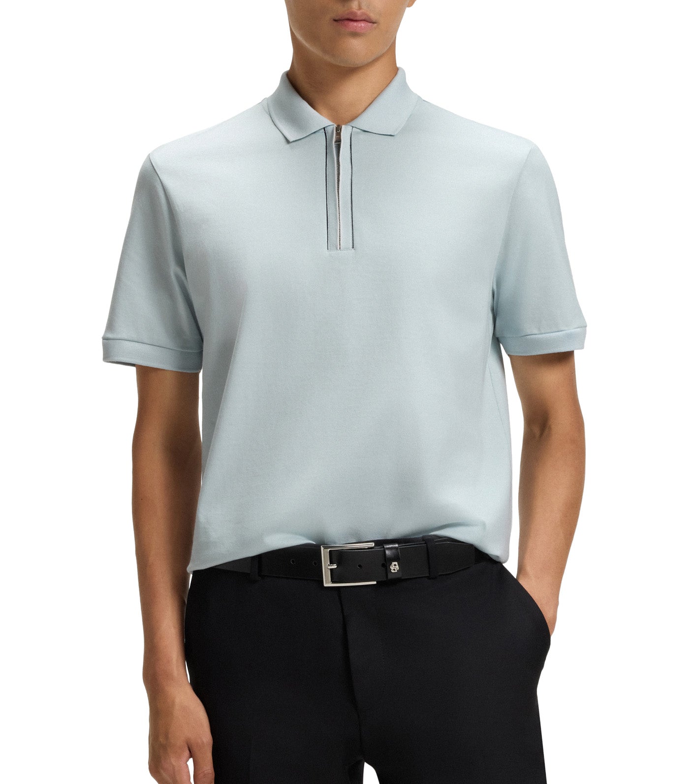 Mercerized-Cotton Polo Shirt with Zip Placket Blue