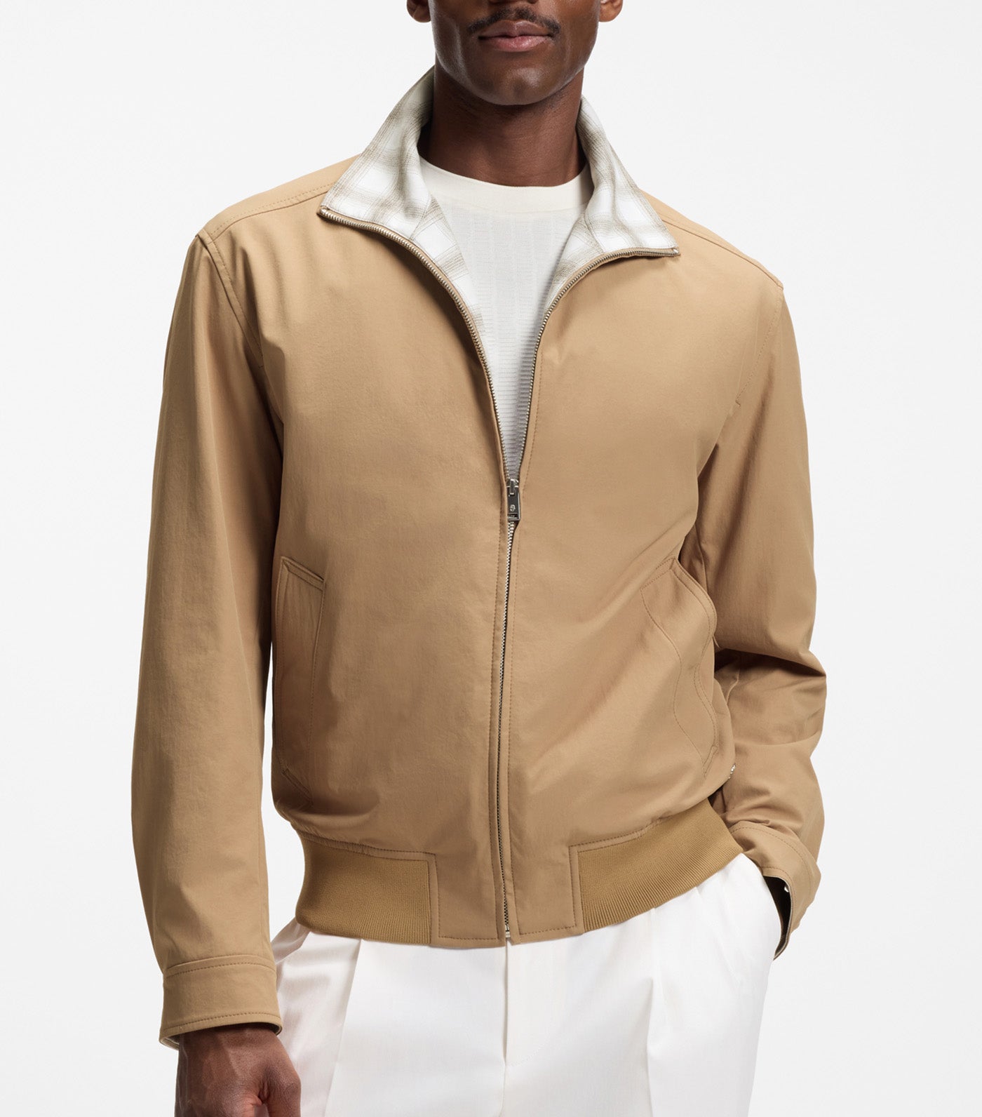 Water-Repellent Jacket with Checked Collar Beige