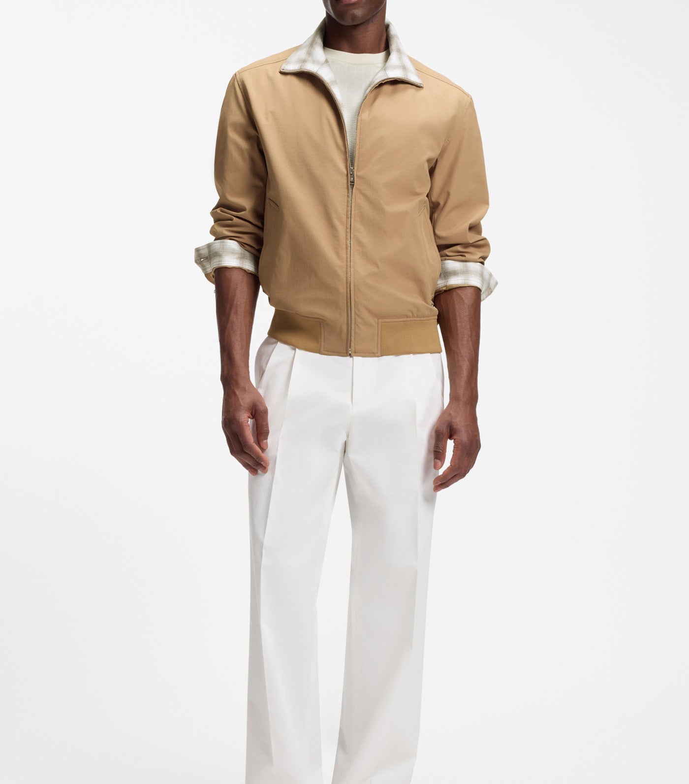 Water-Repellent Jacket with Checked Collar Beige