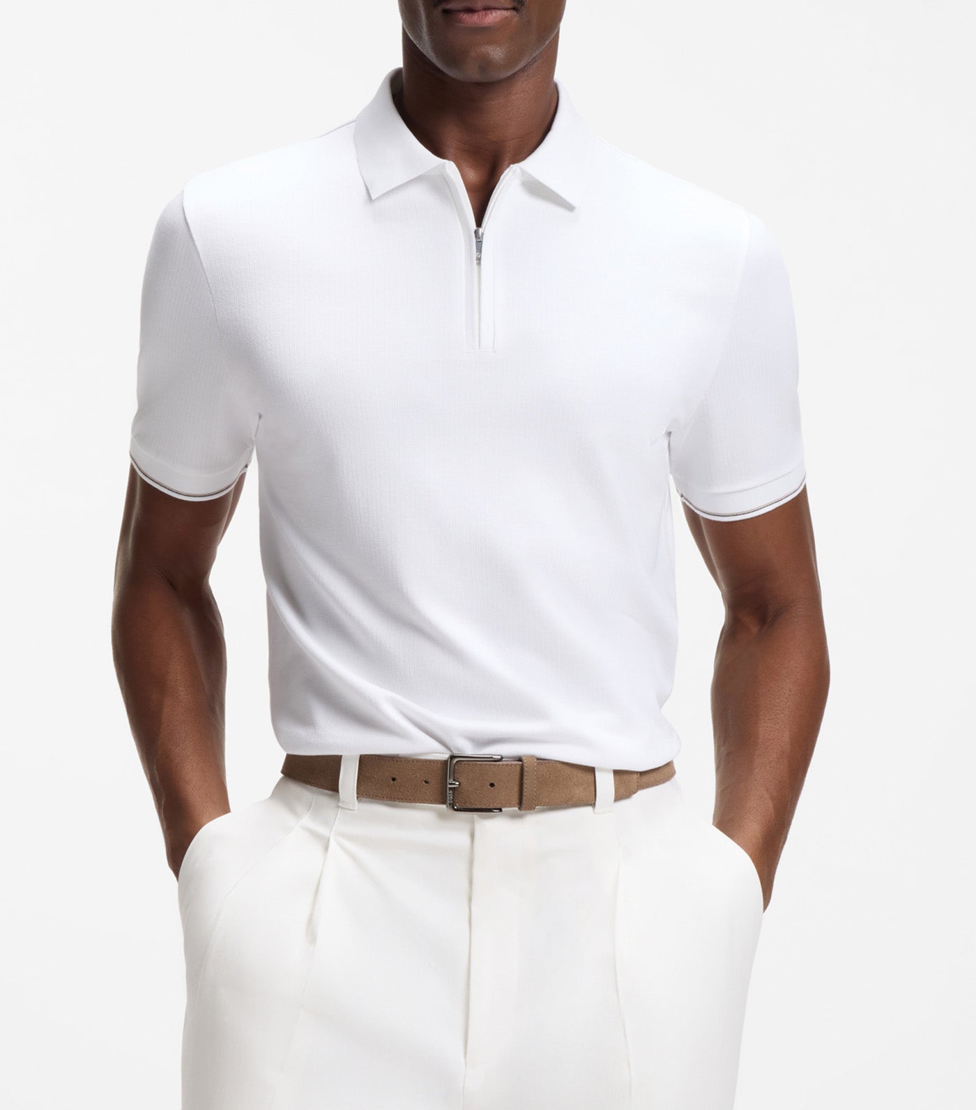 Regular-Fit Polo with Zip Closure White