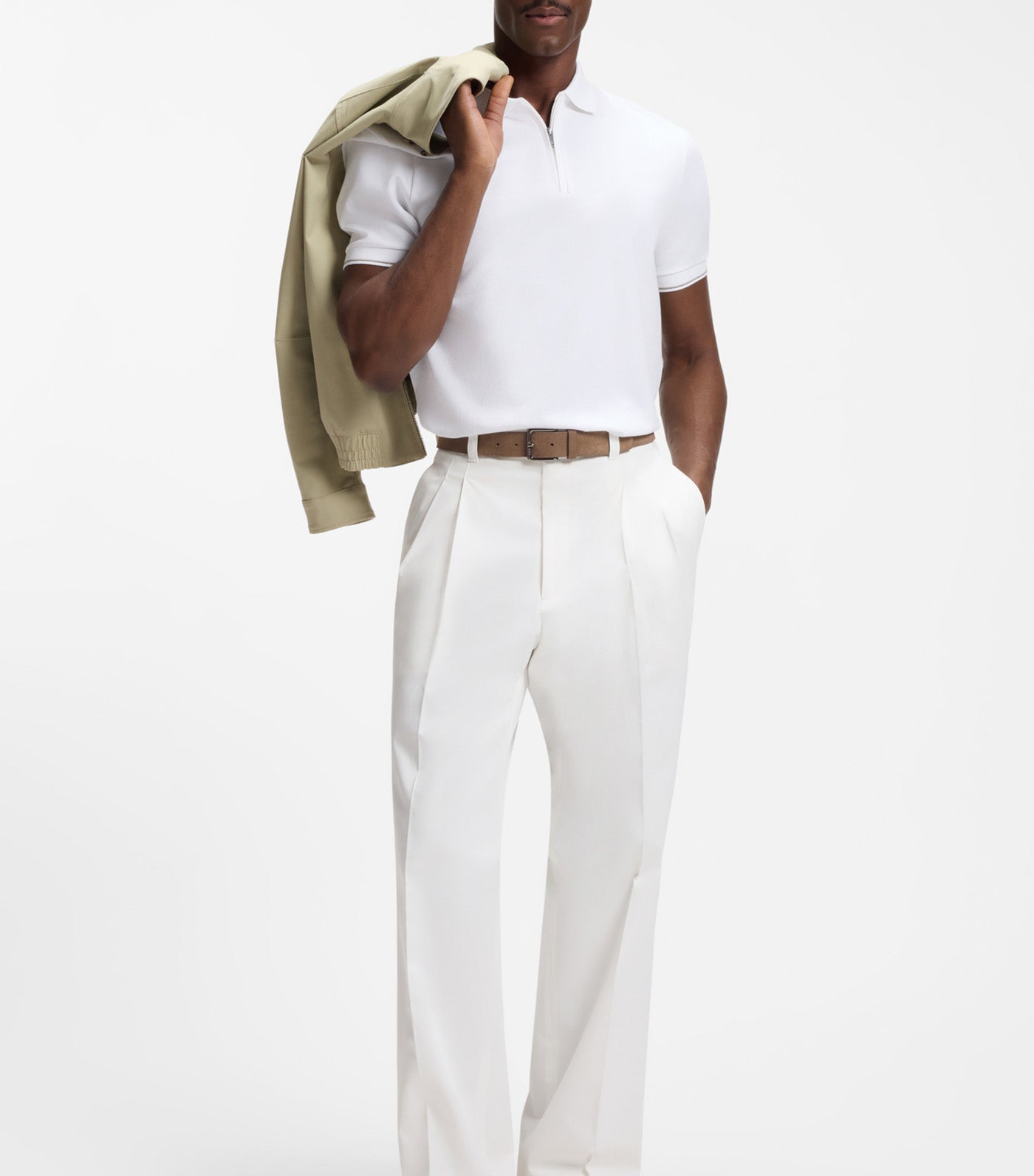 Regular-Fit Polo with Zip Closure White