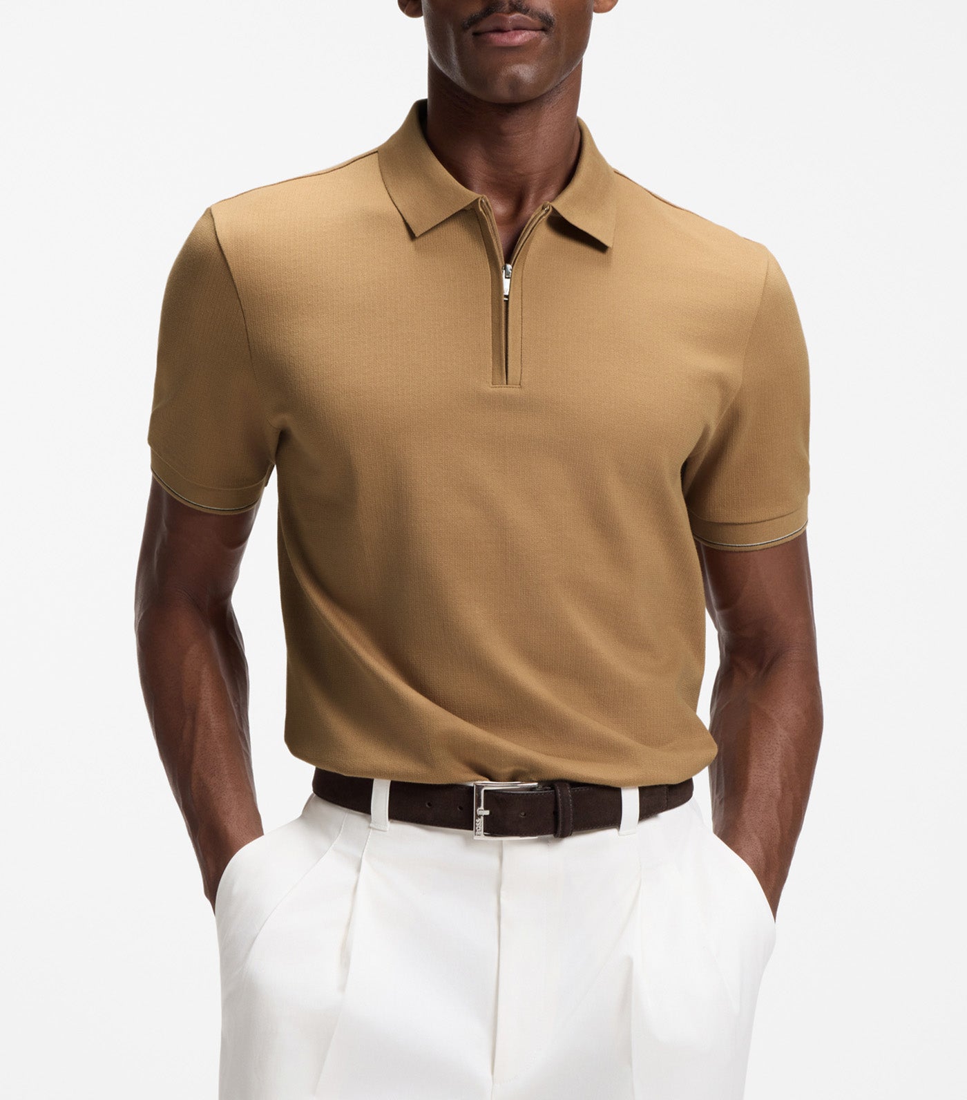 Regular-Fit Polo with Zip Closure Beige