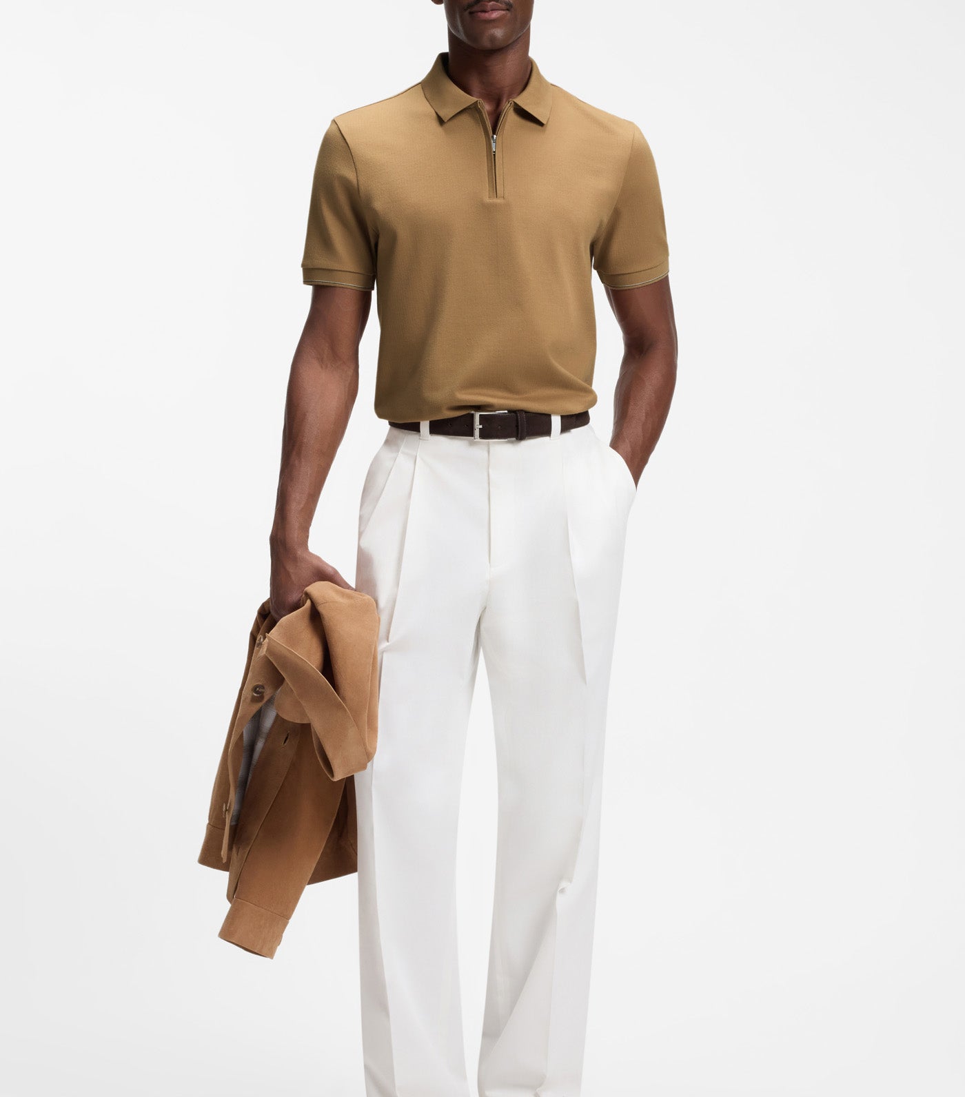 Regular-Fit Polo with Zip Closure Beige